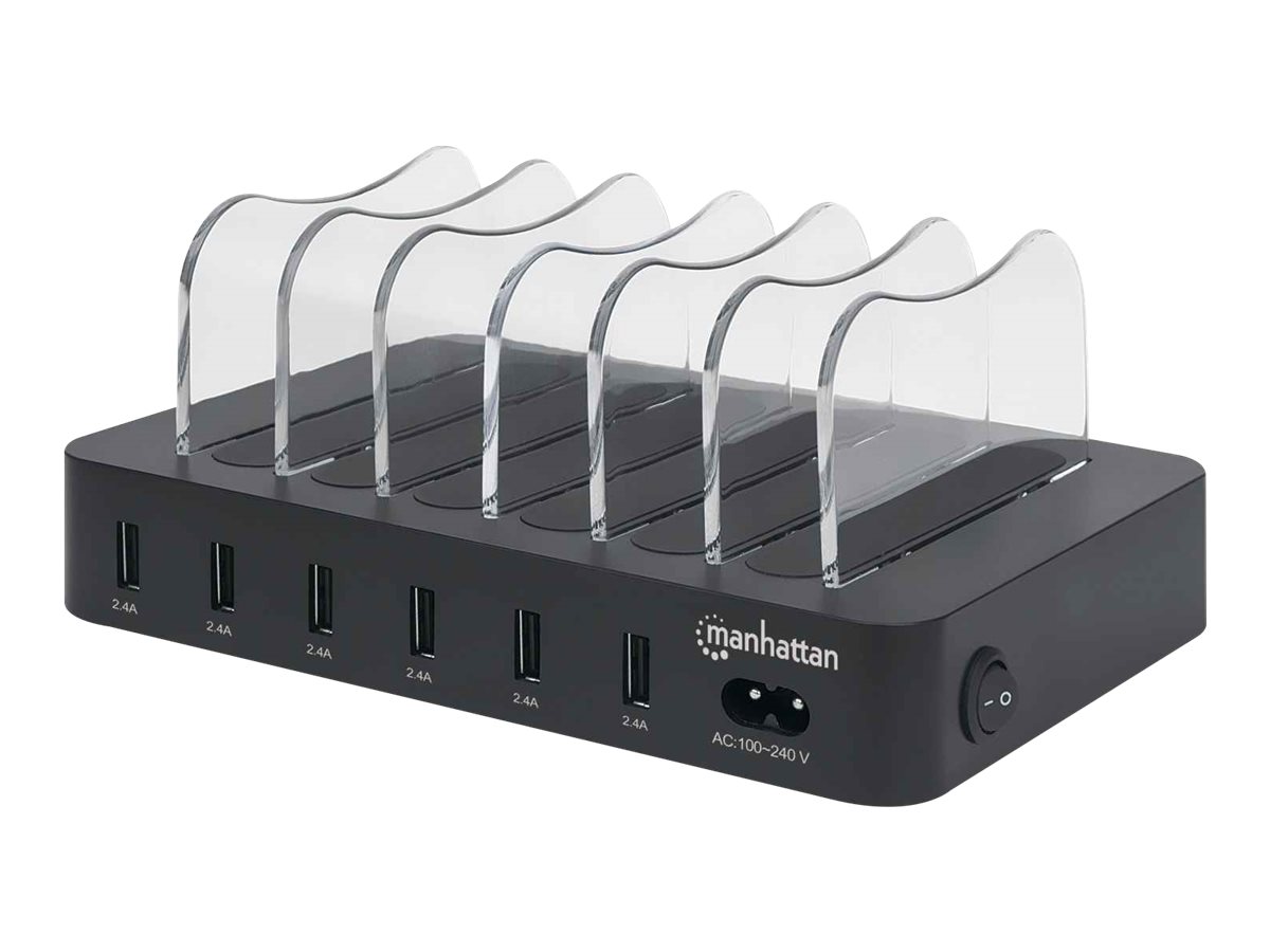 Manhattan Charging Station, 6x USB-A Ports, Outputs: 6x 2.4A, Smart IC, LED Indicator Lights, Black (Power Cable: Euro 2-pin plug to C7 figure-of-8 connector)