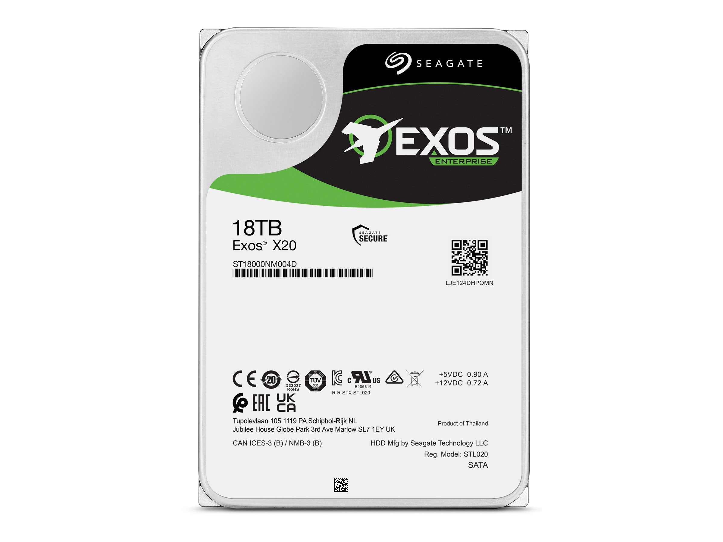 Seagate Exos X20 ST18000NM004D - Festplatte - verschlüsselt - 18 TB - intern - SATA 6Gbs - 7200 rpm - Puffer: 256 MB - Self-Encrypting Drive (SED)