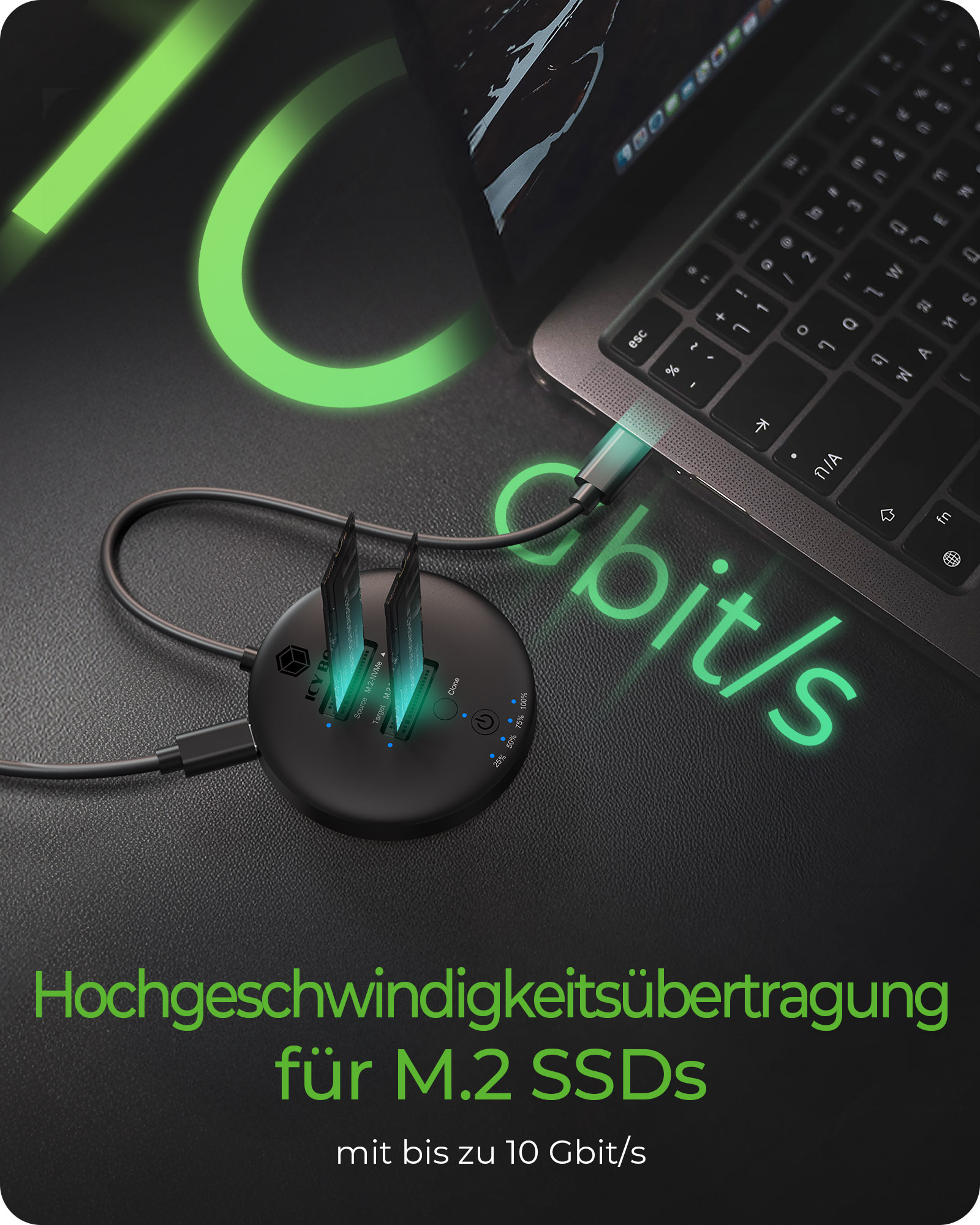 ICY BOX IB-1612MCL-CU31 - SSD-Dockingstation Schächte: 2 - M.2 - M.2 NVMe Card - USB-C 3.2 (Gen 2), Ansicht 4