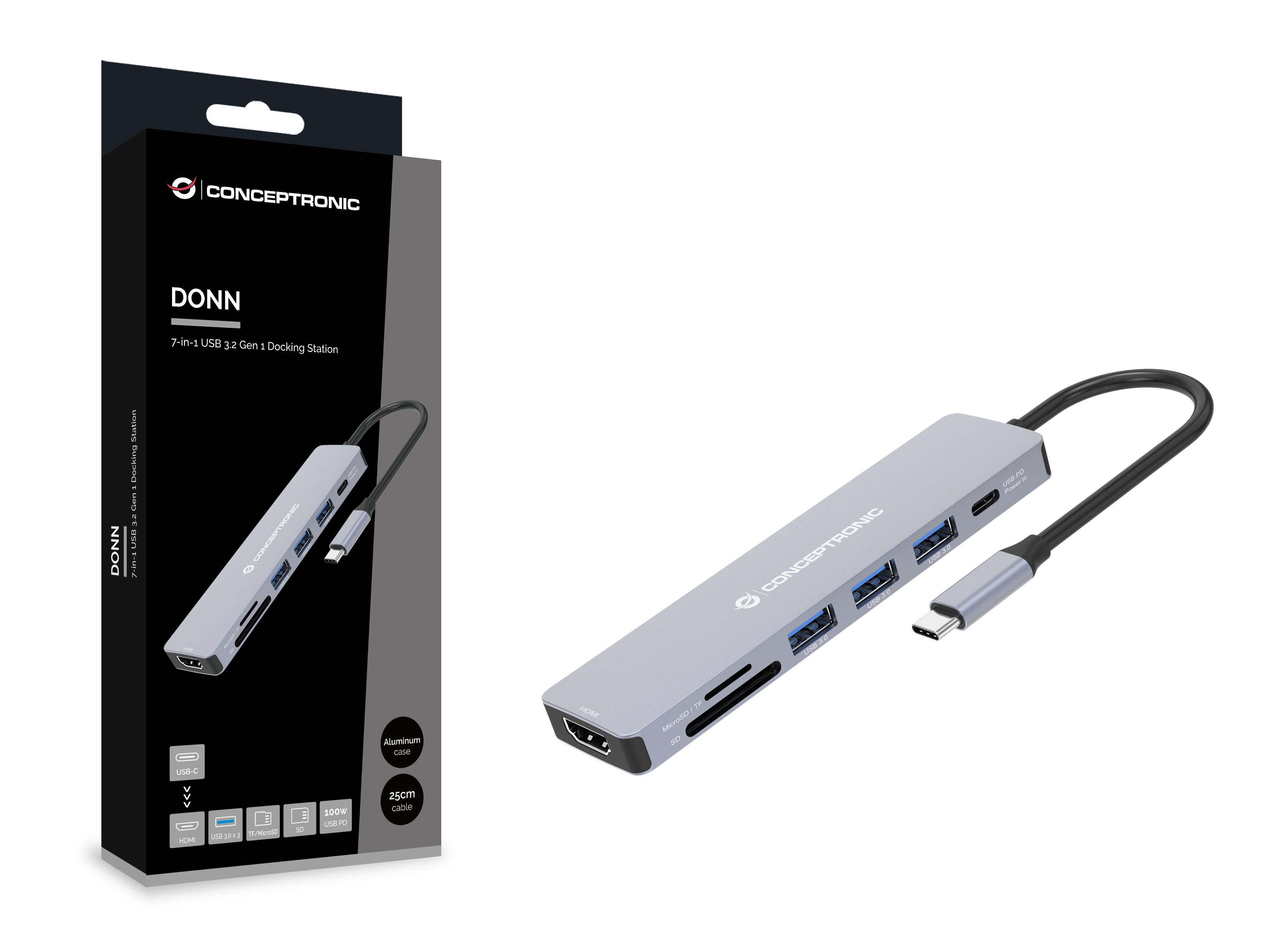 Conceptronic DONN19G 7-in-1 USB 3.2 Gen 1 Dockingstation - HDMI - USB-A 3.0 x 3 - SD - TF/MicroSD - 100W USB PD, Ansicht 3