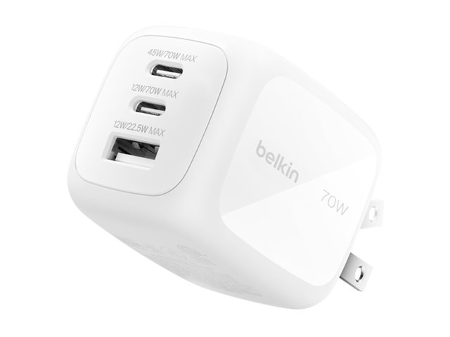 Belkin BoostCharge Pro - Netzteil - GaN - 70 Watt - PD 3.1/PPS - 3 Ausgabeanschlussstellen (2 x USB-C, USB), Ansicht 2
