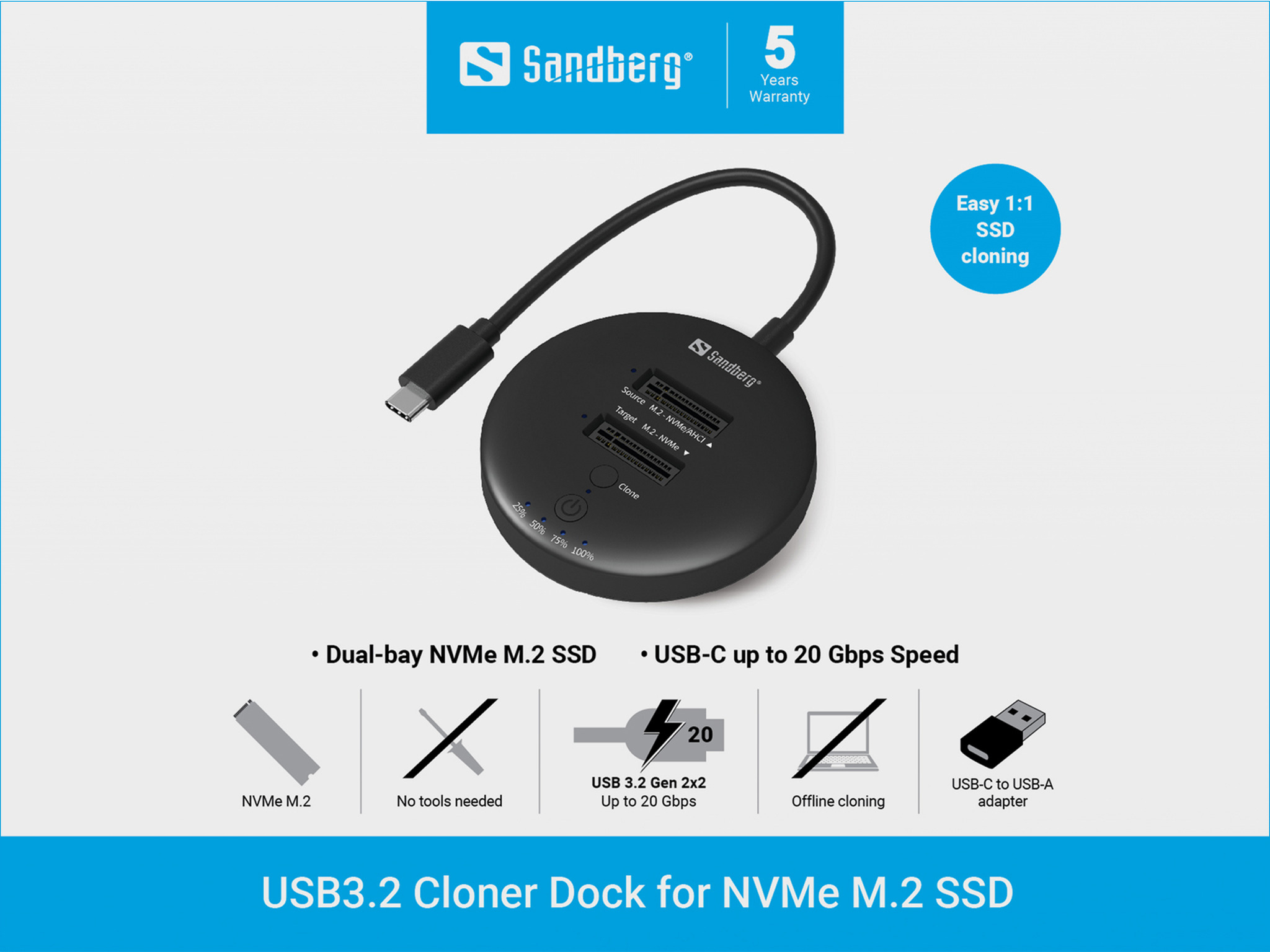 SANDBERG SSD-Dockingstation Schächte: 2 - M.2 - M.2 NVMe Card - USB-C 3.2 (Gen 2), Ansicht 4