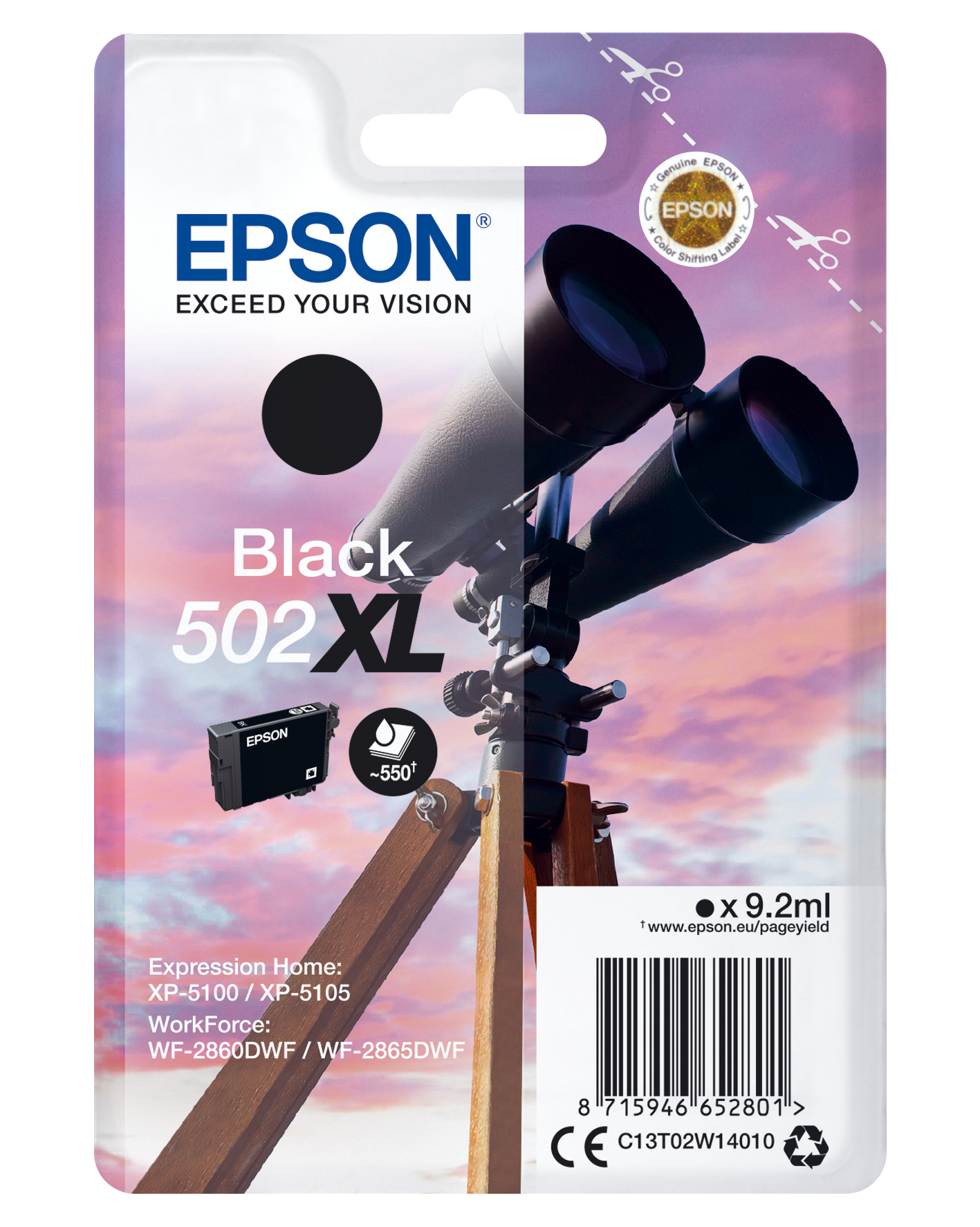 Epson Singlepack Black 502XL Ink, Hohe (XL-) Ausbeute, Tinte auf Pigmentbasis, 9,2 ml, 550 Seiten, 1 Stück(e)