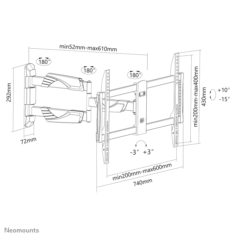 Neomounts NM-W460 - Klammer - Voll beweglich - für LCD-Display - Schwarz - Bildschirmgröße: 81.3-152.4 cm (32-60), Ansicht 2