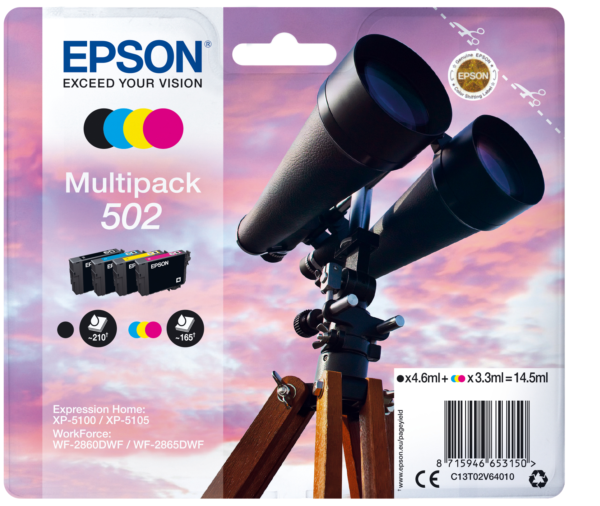 Epson Multipack 4-colours 502 Ink, Standardertrag, Tinte auf Pigmentbasis, Tinte auf Farbstoffbasis, 4,6 ml, 3,3 ml, 1 Stück(e)