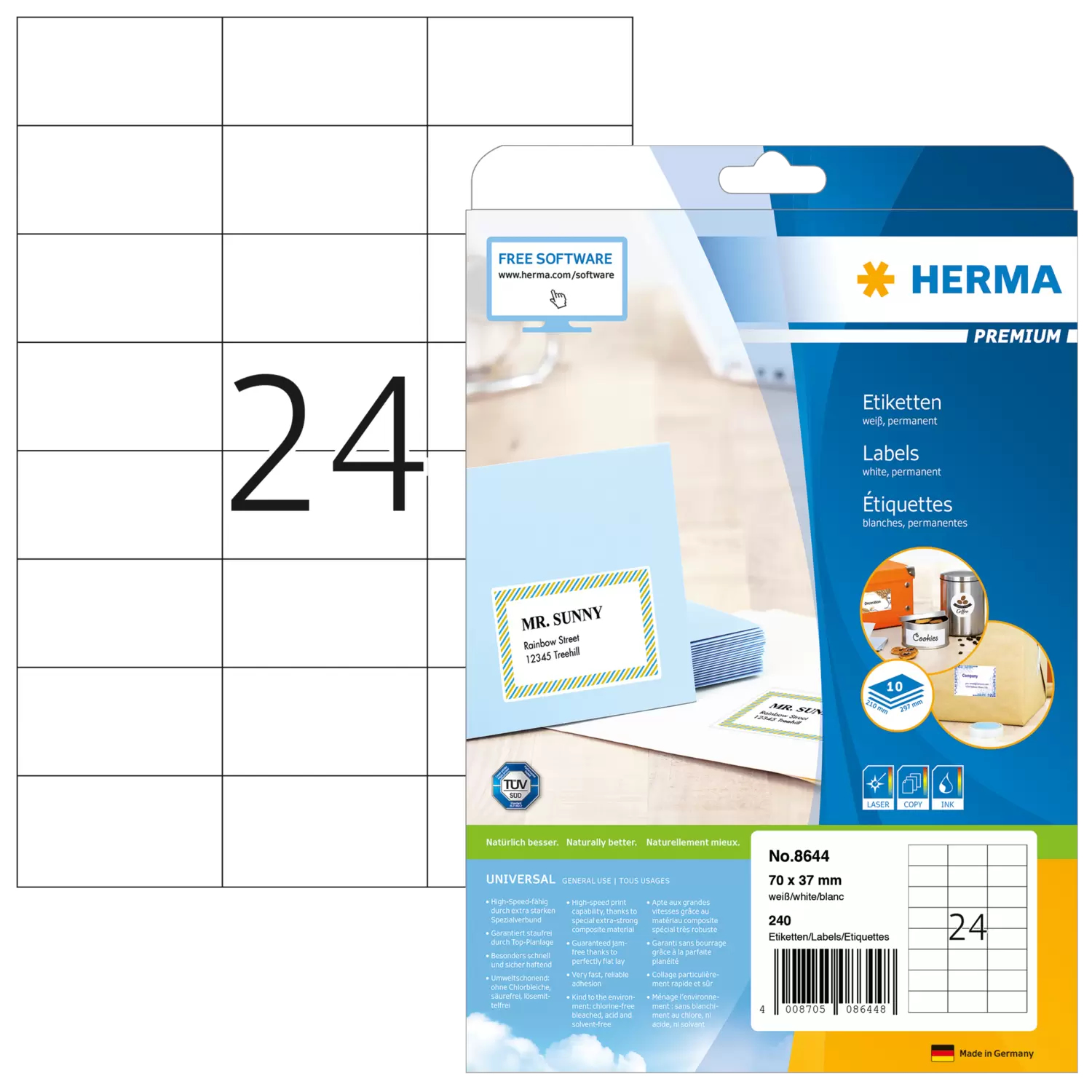 HERMA Premium - Papier - matt - permanent selbstklebend - weiß - 70 x 37 mm 240 Etikett(en) (10 Bogen x 24), Ansicht 4