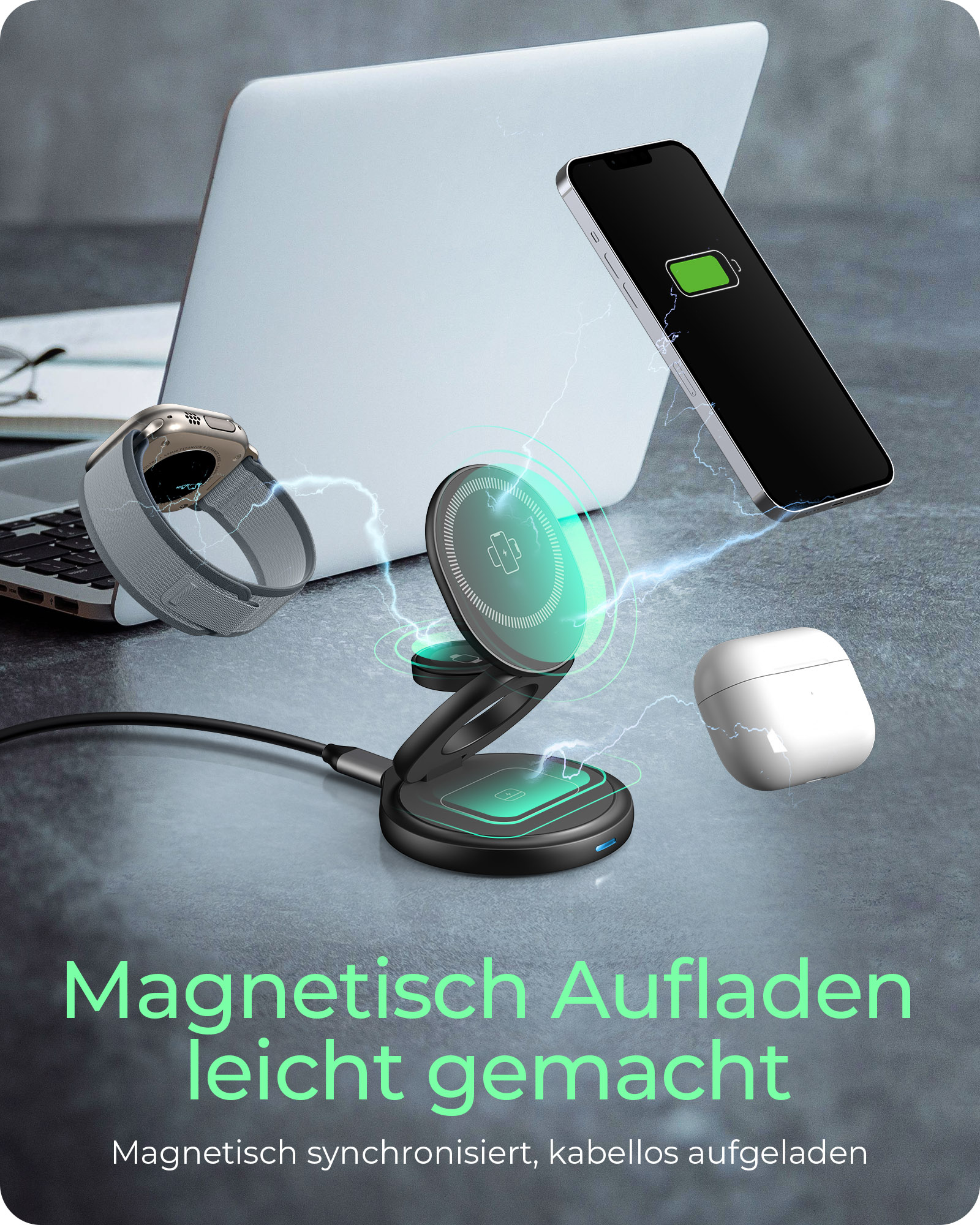 ICY BOX IB-SH101-CH - Kabelloses Ladegerät - 3-in-1 + AC-Netzteil, Ansicht 2