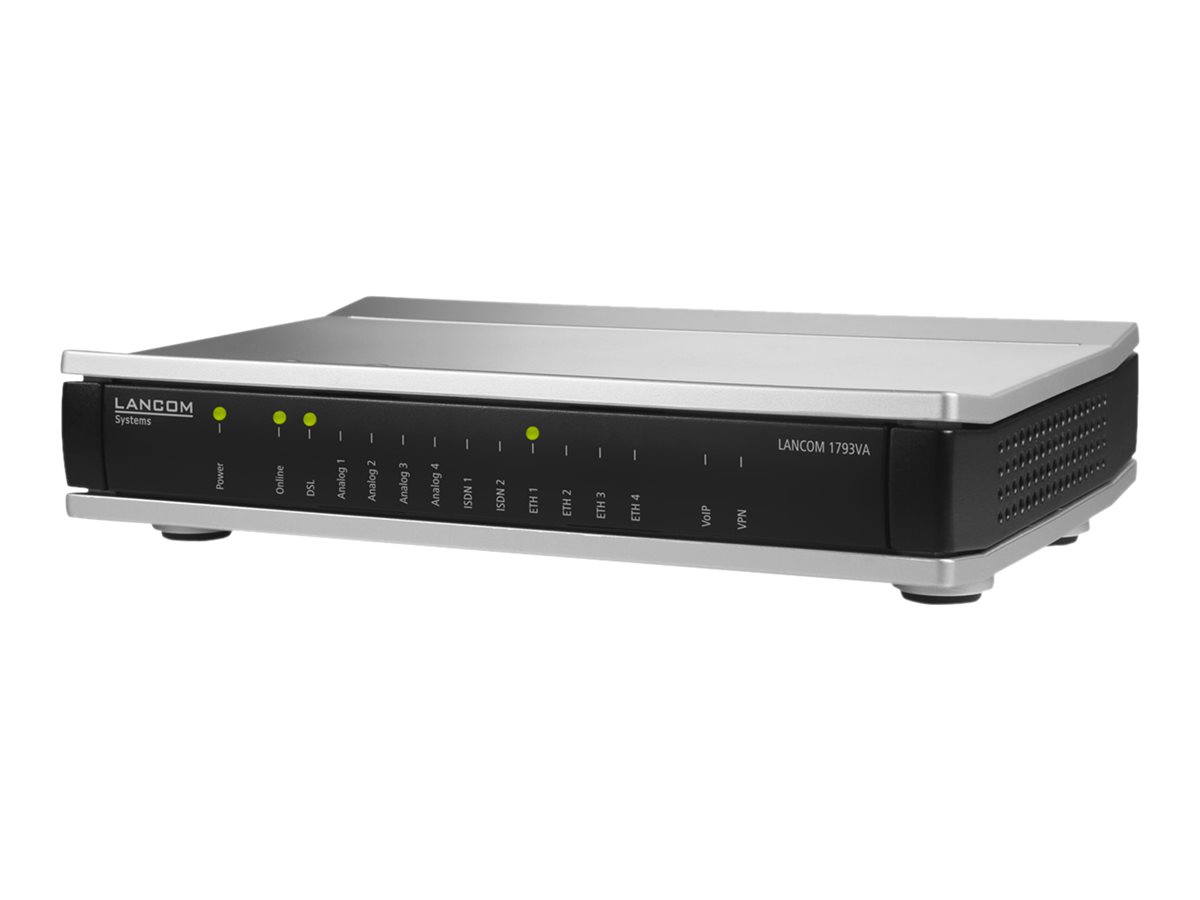 Router / LANCOM 1793VA (EU) / Annex A/B/J/M, ISDN-VoIP- & Analog-Wandlung, VDSL-Supervectoring-Unterstützung, IPSec-VPN (5 Kanäle/opt. 25), LB, QoS, 2x ISDN (1x TE/NT & 1x NT), 4x analog, USB, 4x GE (IEEE 802.3az)