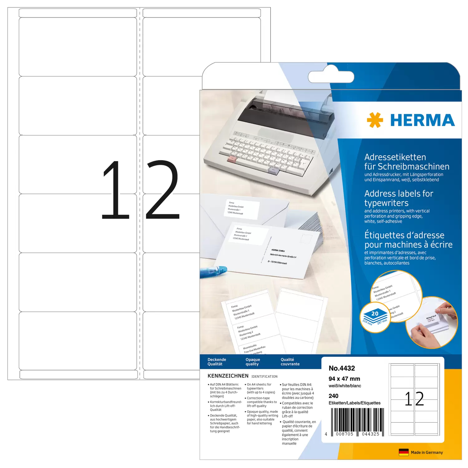 HERMA Permanenter Klebstoff - weiß - 94 x 47 mm 240 Etikett(en) (20 Bogen x 12), Ansicht 3