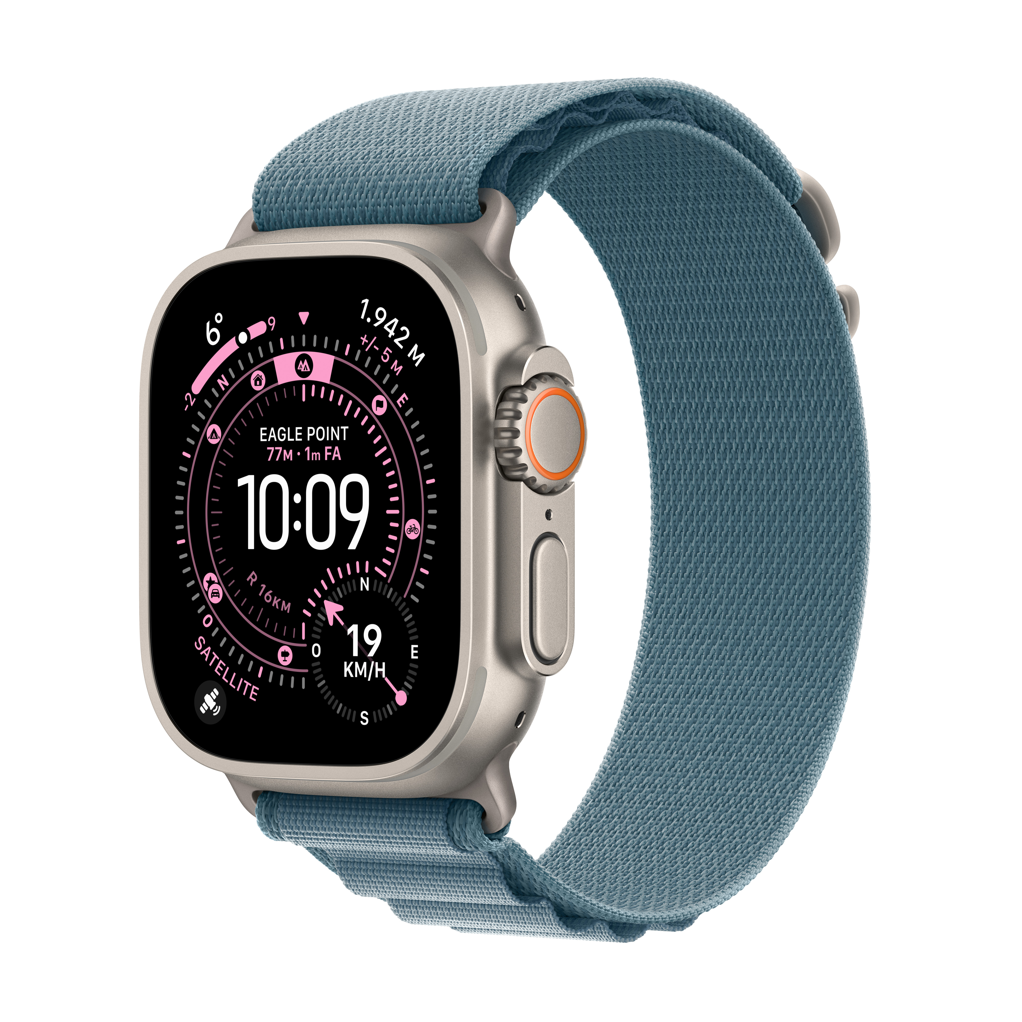 Apple Watch Ultra 3 - 49 mm - natürliches Titan intelligente Uhr mit Alpenrundfahrt - Textil - hellblau - Bandgröße: L - 64 GB - LTE, NFC, Wi-Fi 4, UWB, Bluetooth - 5G - 61.6 g