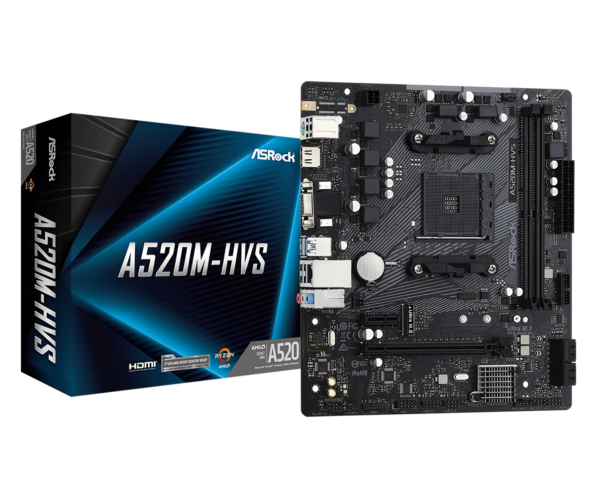 ASRock A520M-HVS - AMD - Socket AM4 - AMD Ryzen - DDR4-SDRAM - DIMM - 2133,2400,2666,2933,3200,3466,3600,3733,3800,3866,