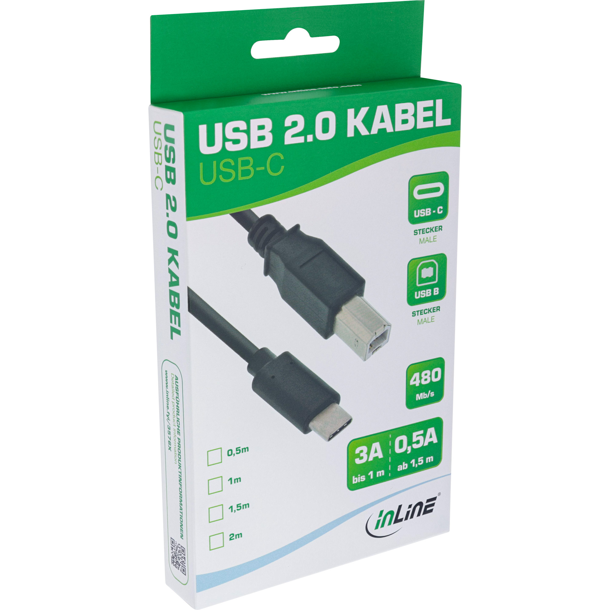 InLine USB 2.0 Kabel - USB-C Stecker an USB-B Stecker - schwarz - 05m