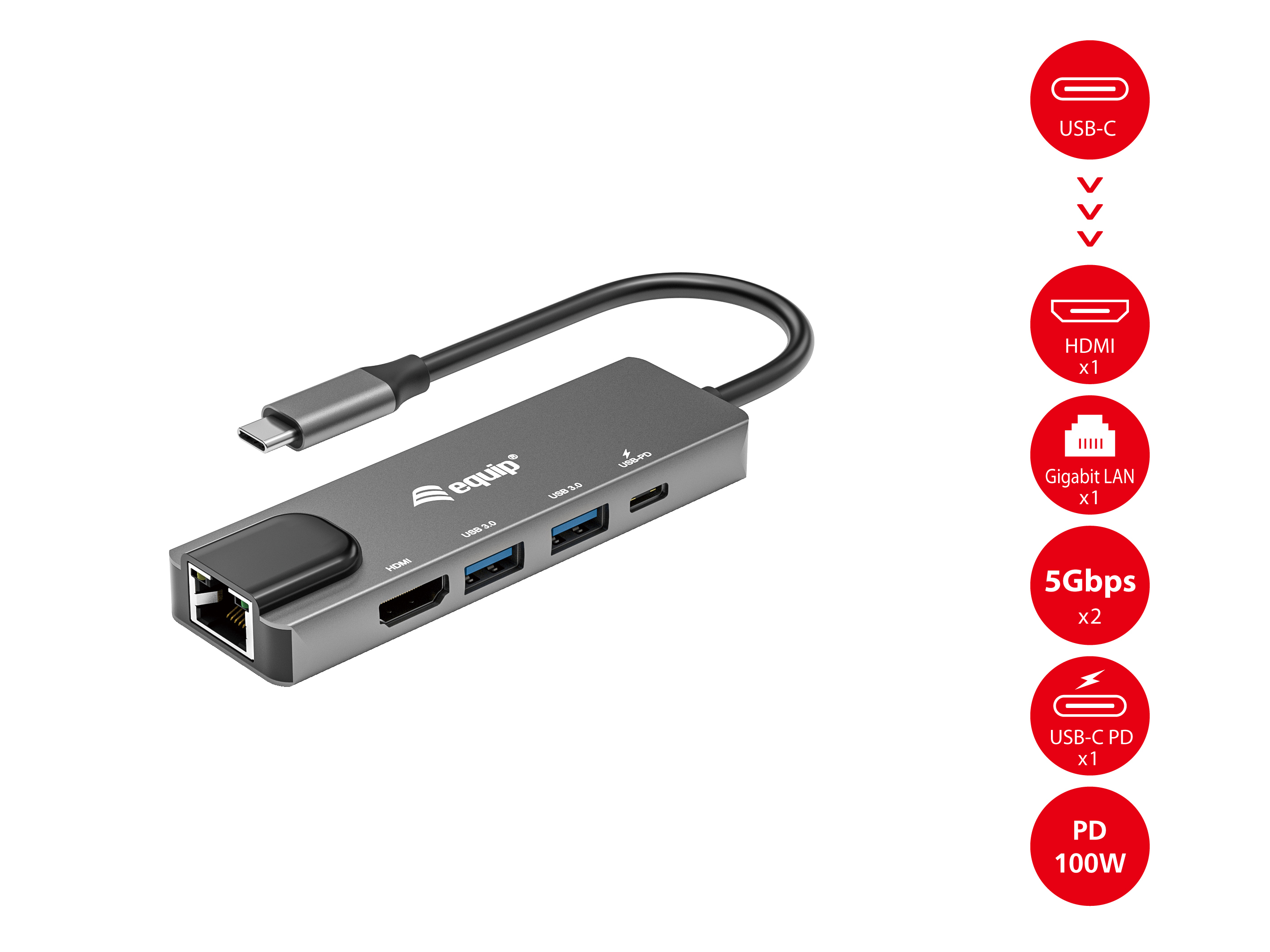 Equip Dock USB-C->HDMI Gigabit LAN 2xUSB3.0.100WPD 0.25m, Ansicht 2