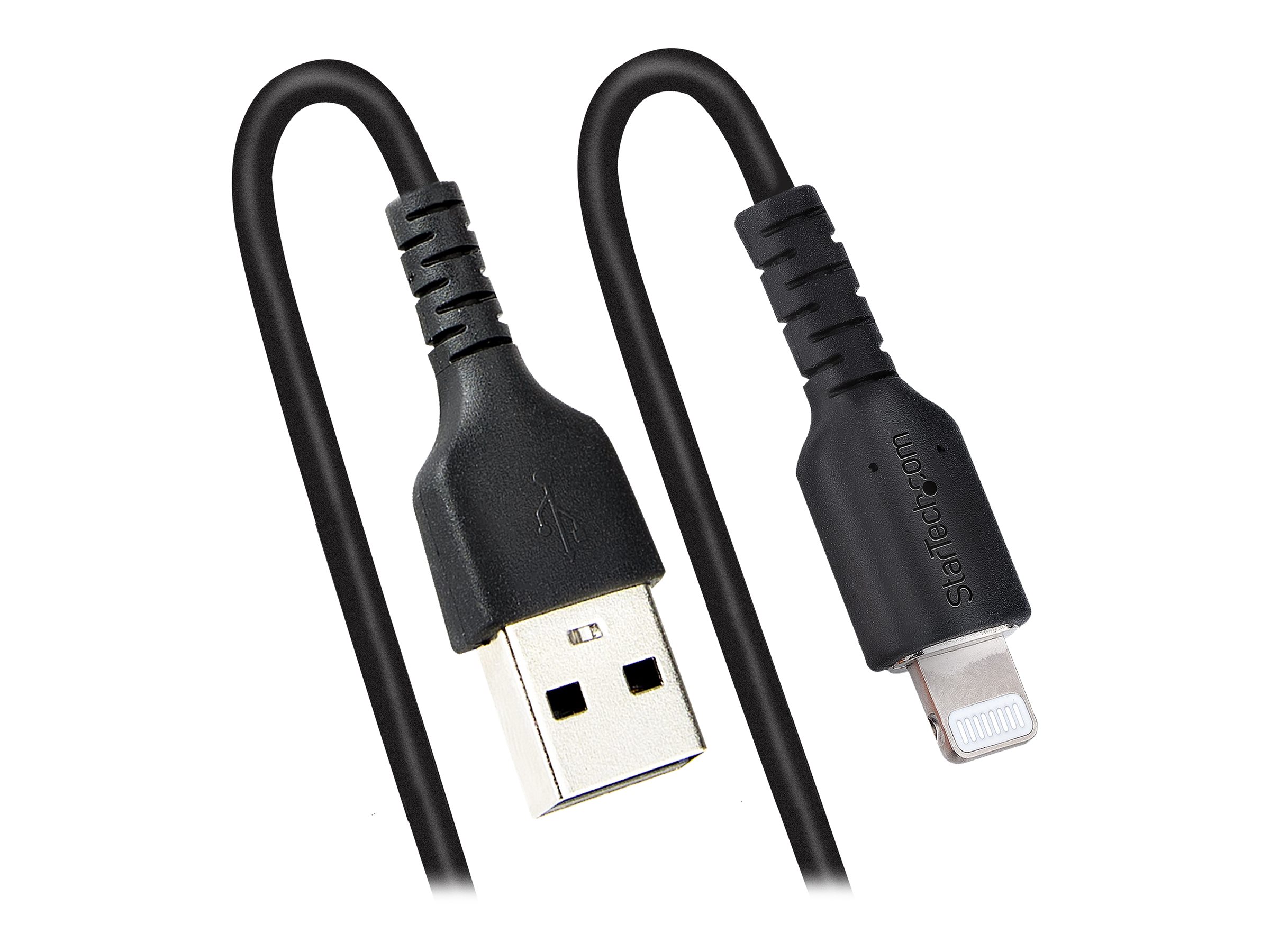 StarTech.com 1m USB auf Lightning Kabel, Spiralkabel, MFi zertifiziert, Schnellladekabel für iPhone/iPad, Schwarz, robuster TPE Mantel mit Aramidfaser, USB 2.0 Kabel (RUSB2ALT1MBC)