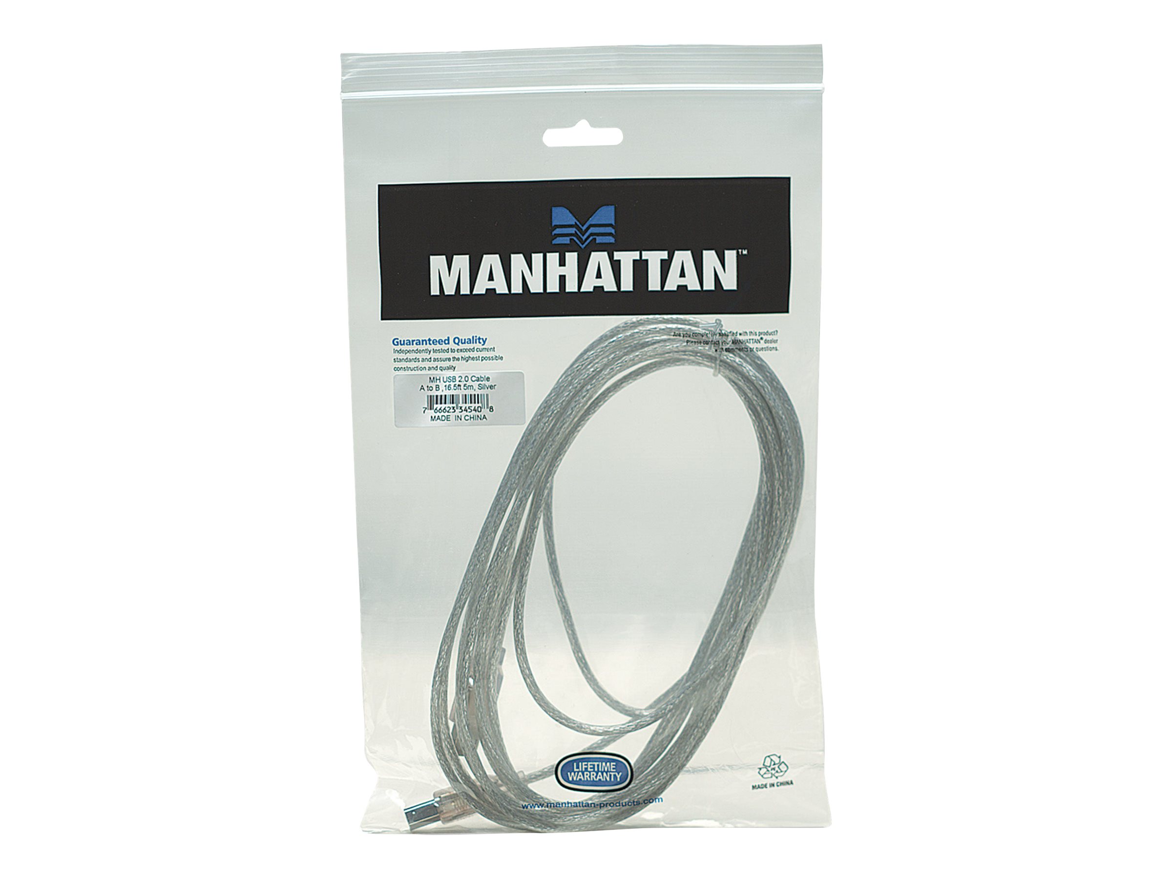 Manhattan USB-A to USB-B Cable, 5m, Male to Male, Translucent Silver, 480 Mbps (USB 2.0)