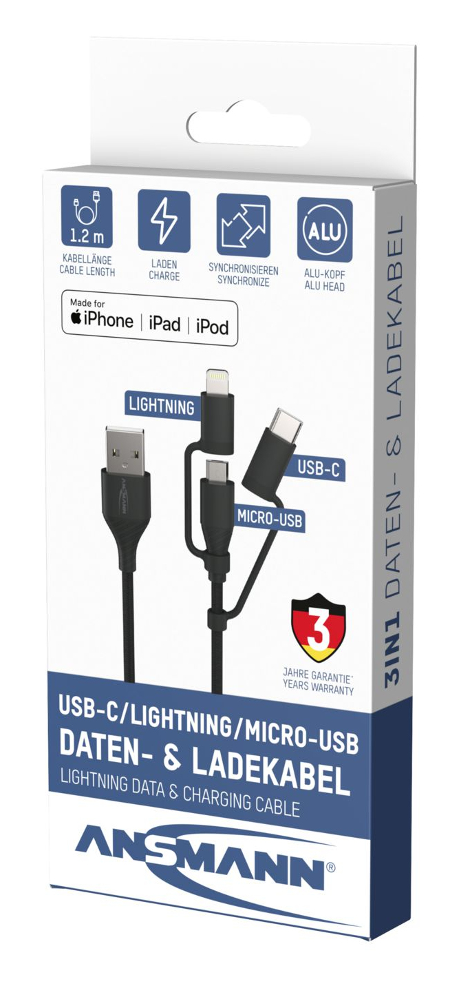Ansmann Daten-/Ladekabel USB 3in1 120cm - Kabel - Digital/Daten, Ansicht 2