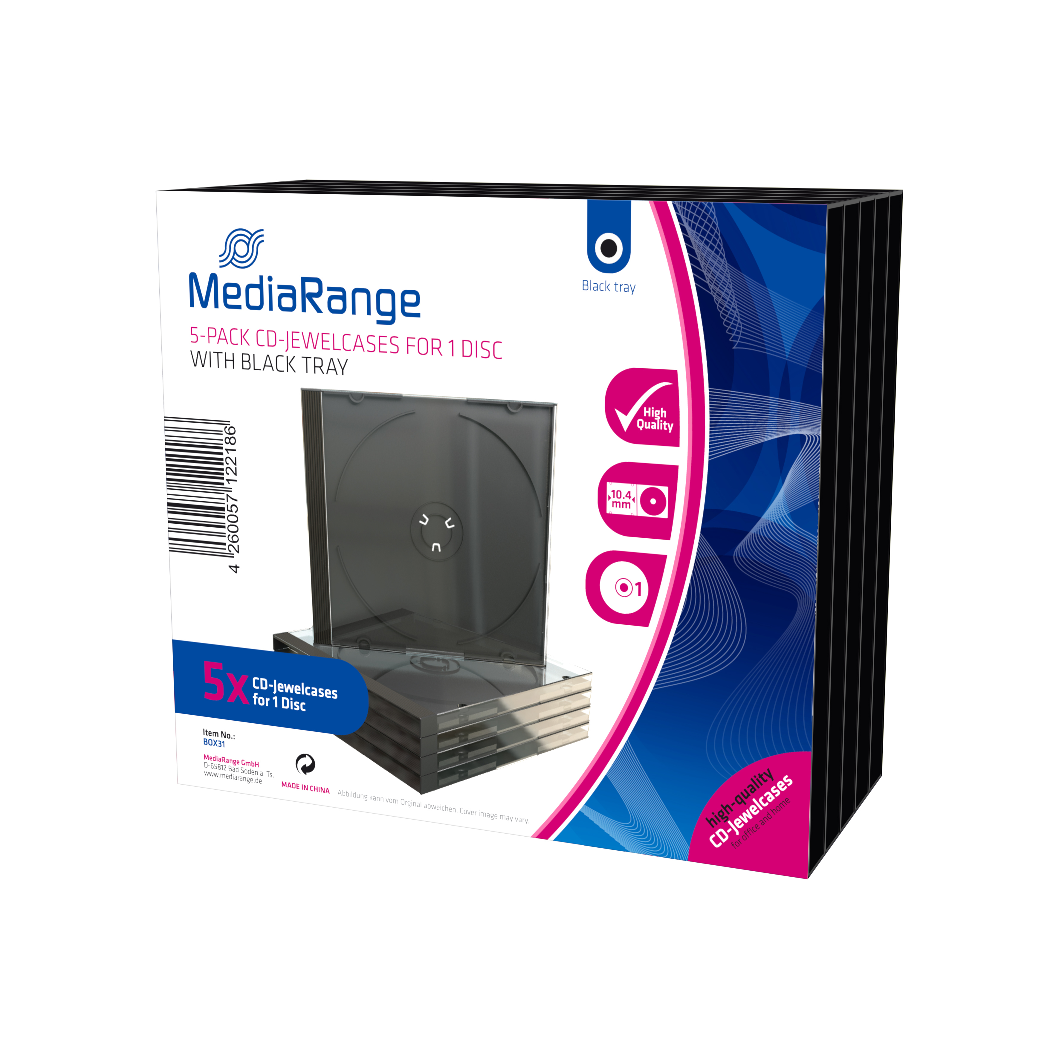 MEDIARANGE CD-Jewelcases single - Behälter CD-Aufbewahrung - Kapazität: 1 CD/DVD - Schwarz, durchsichtig (Packung mit 5), Ansicht 2