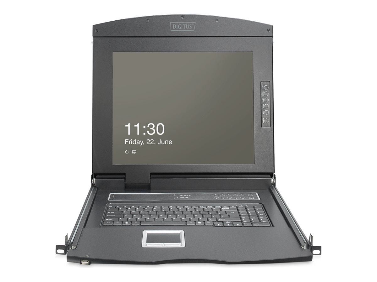 DIGITUS Modulare HD LCD KVM Konsole mit 19" TFT, 16-Port CAT 5 KVM Anschluss, Touchpad, schweizer Tastaturlayout