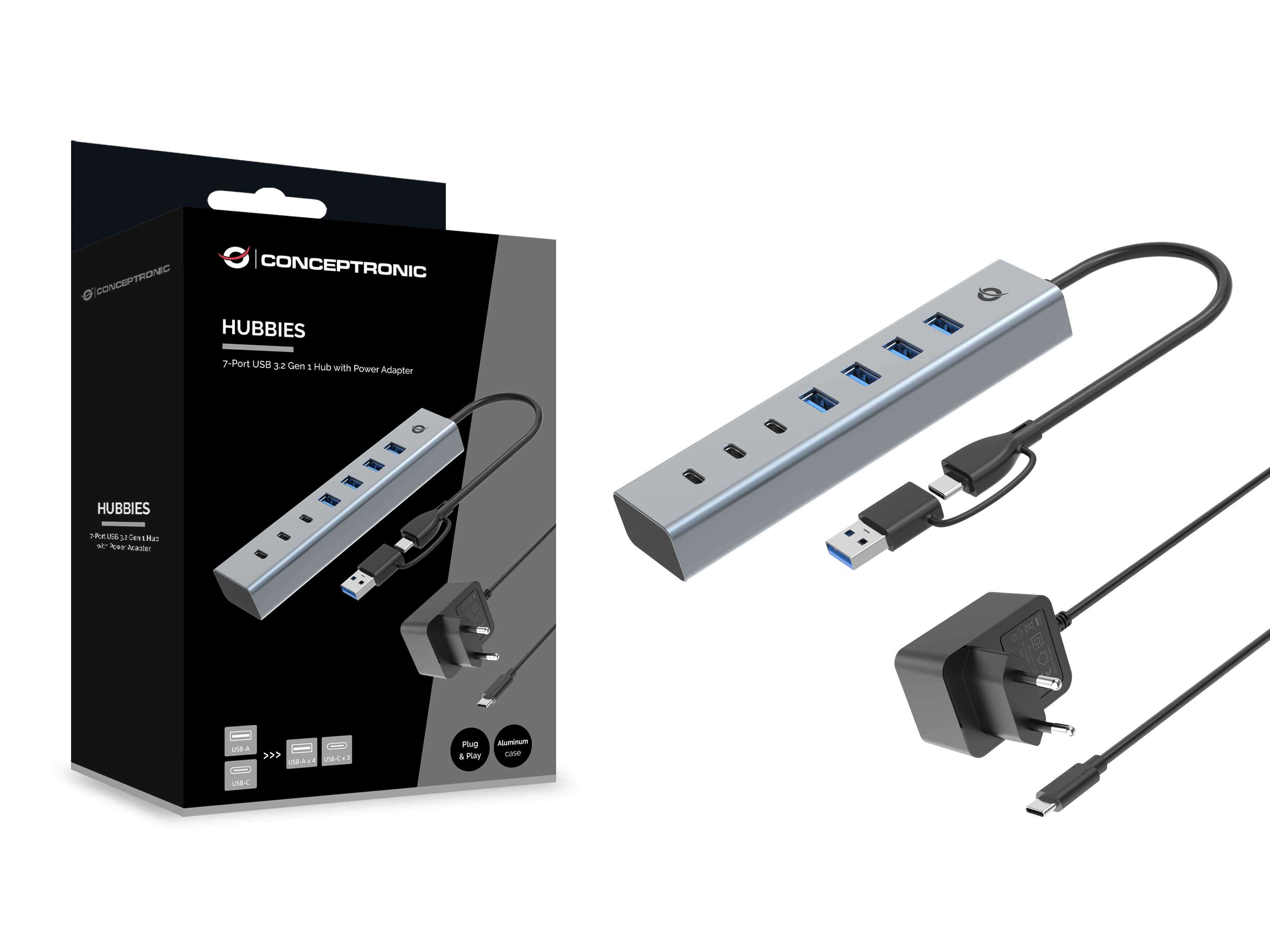 Conceptronic USB-Hub 7-Port 3.2/C->4x3.0 3xUSB-C m.Netz. gr, Ansicht 4