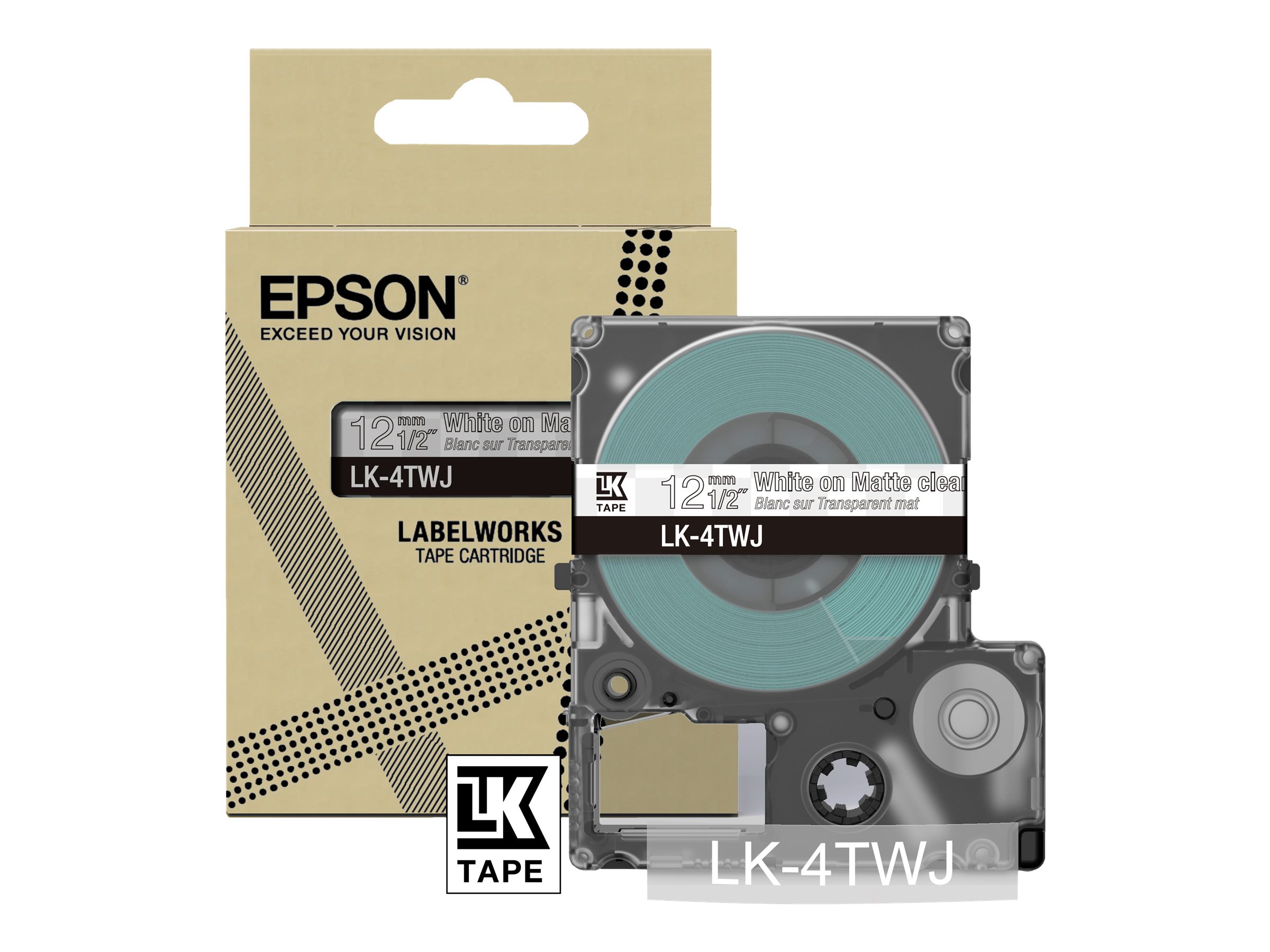 Epson LabelWorks LK-4TWJ - Weiß auf Matt-Transparent - Rolle (1,2 cm x 8 m) 1 Kassette(n) Hängebox - Bandkassette - für LabelWorks LW-C410, LW-C610