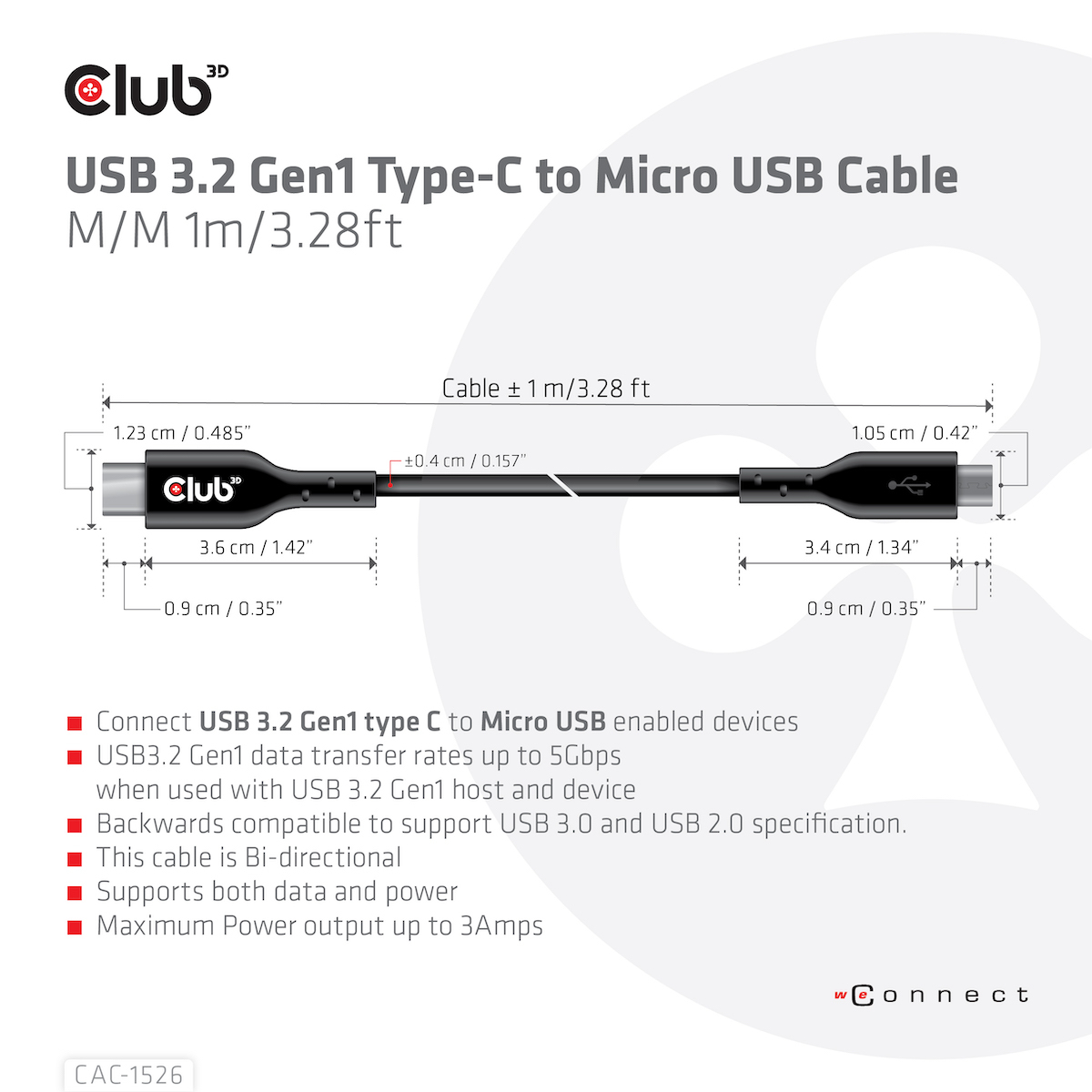 Club 3D USB-Kabel - 24 pin USB-C (M) zu Micro-USB Typ B (M), Ansicht 2