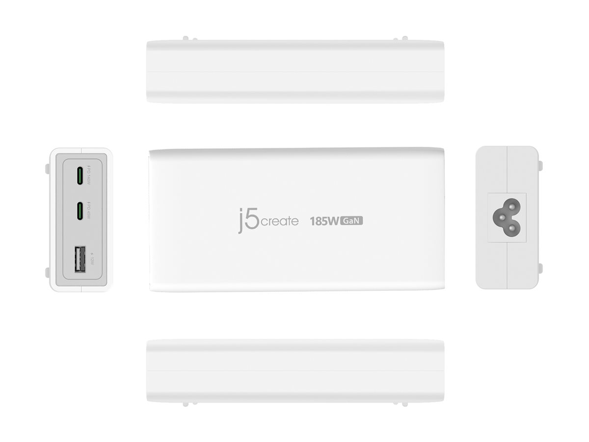j5create JUP37185W-EN - Netzteil - GaN - 185 Watt - 5 A - Power Delivery 3.1 - USB Typ A, 2 x USB-C), Ansicht 3