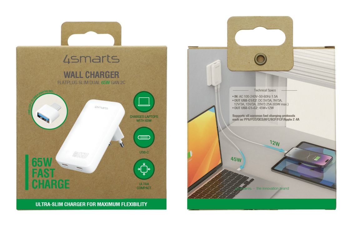 4smarts Netzladegerät FlatPlug Slim Dual 65W GaN 2C weiß, Ansicht 4