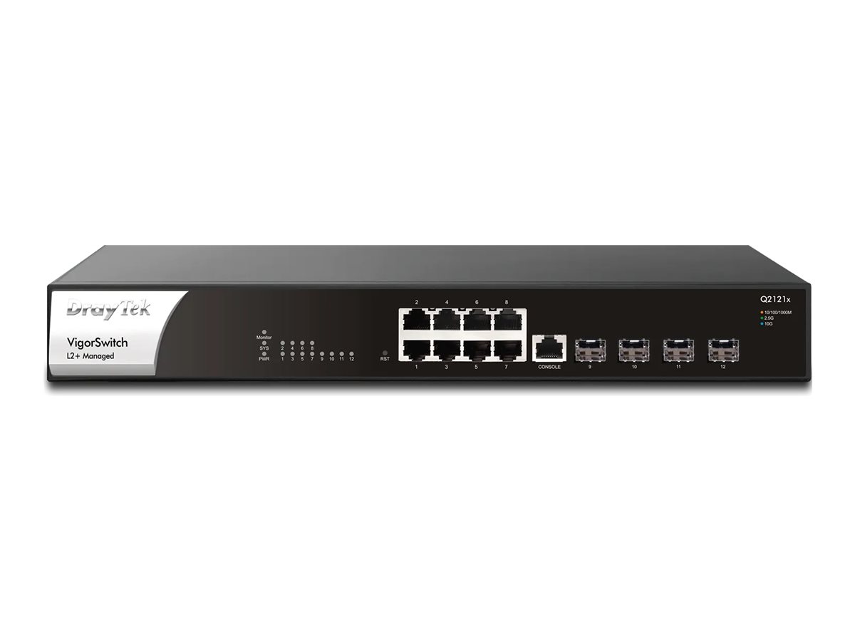 Draytek VigorSwitch PQ2121x - Switch - L2+ - managed - 8 x 2.5GBase-T + 4 x 10 Gigabit SFP+ - Desktop, an Rack montierbar - PoE+ (140 W)