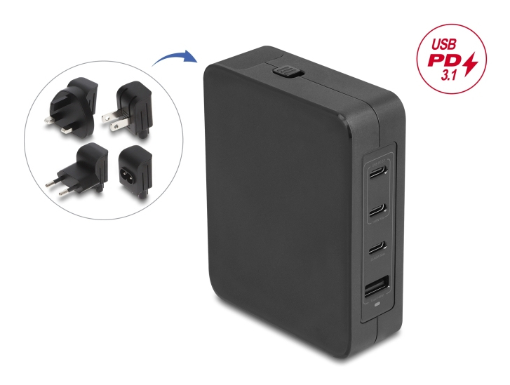 Delock Netzteil - GaN, 3 x USB-C PD 3.1 and 1 x USB-A with 145W power adapter EU/US/UK, Ansicht 2