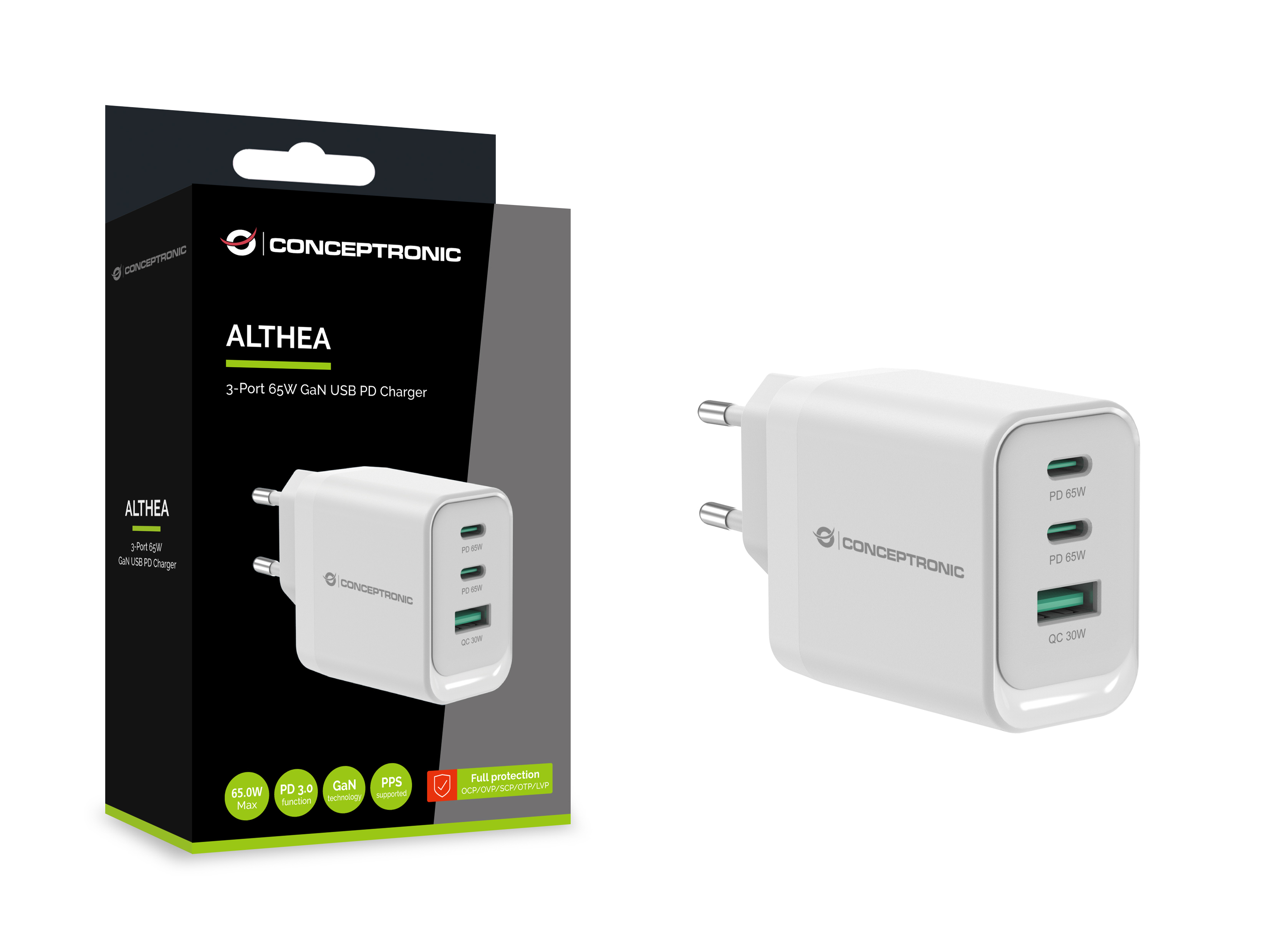 Conceptronic ALTHEA21W65 3-Port 65W GaN USB-PD-Ladegerät USB-C x 2 USB-A 1..., Ansicht 4