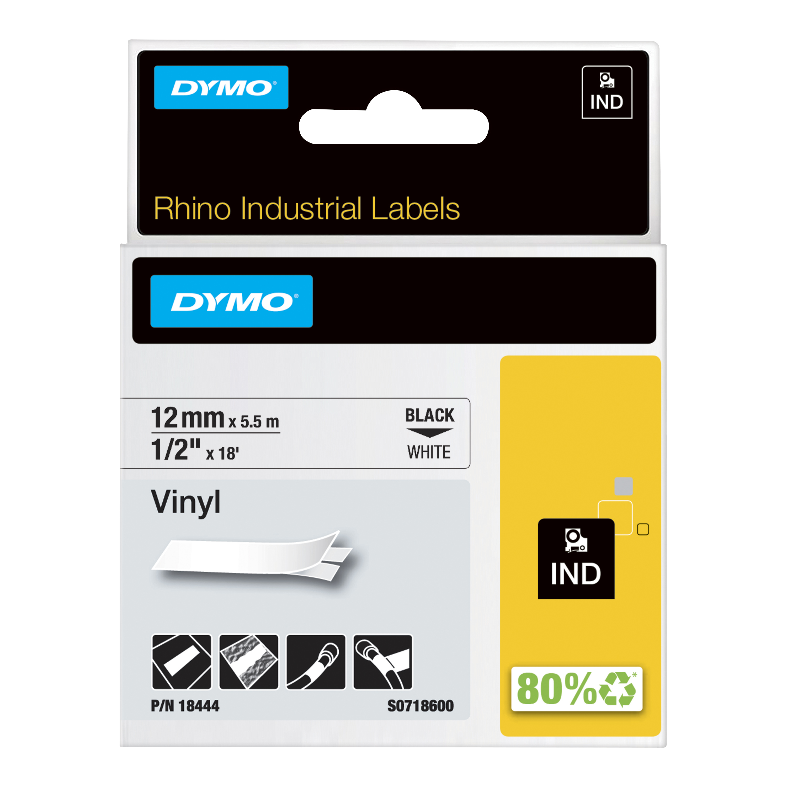 Dymo IND All-Purpose - Vinyl - Klebstoff - Schwarz auf Weiß - Rolle (1,2 cm x 5 m), Ansicht 4