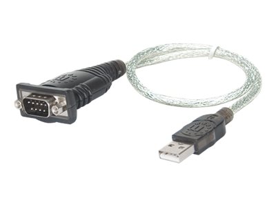 Manhattan USB-A to Serial Converter cable, 45cm, Male to Male, Serial/RS232/COM/DB9, Prolific PL-2303RA Chip, Black/Silver cable, Three Year Warranty, Blister - Kabel USB / seriell - USB (M)