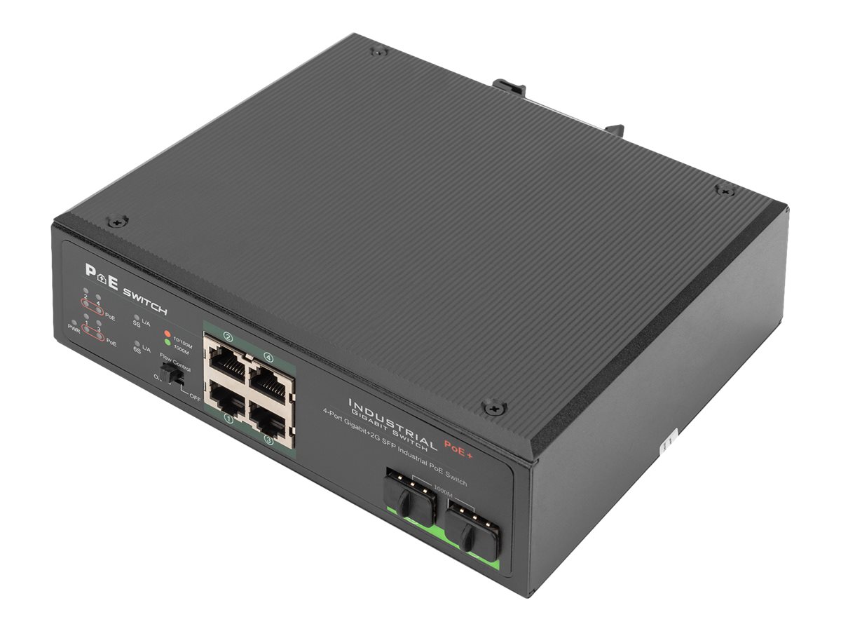 DIGITUS 4 Port Gigabit Ethernet Netzwerk PoE Switch, Industrial, Unmanaged, 2 SFP Uplink