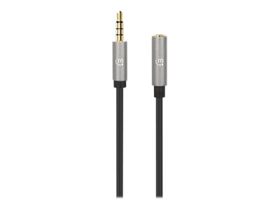 Manhattan Stereo Audio 3.5mm Extension Cable, 3m, Male/Female, Slim Design, Black/Silver, Premium with 24 karat gold plated contacts and pure oxygen-free copper (OFC)
