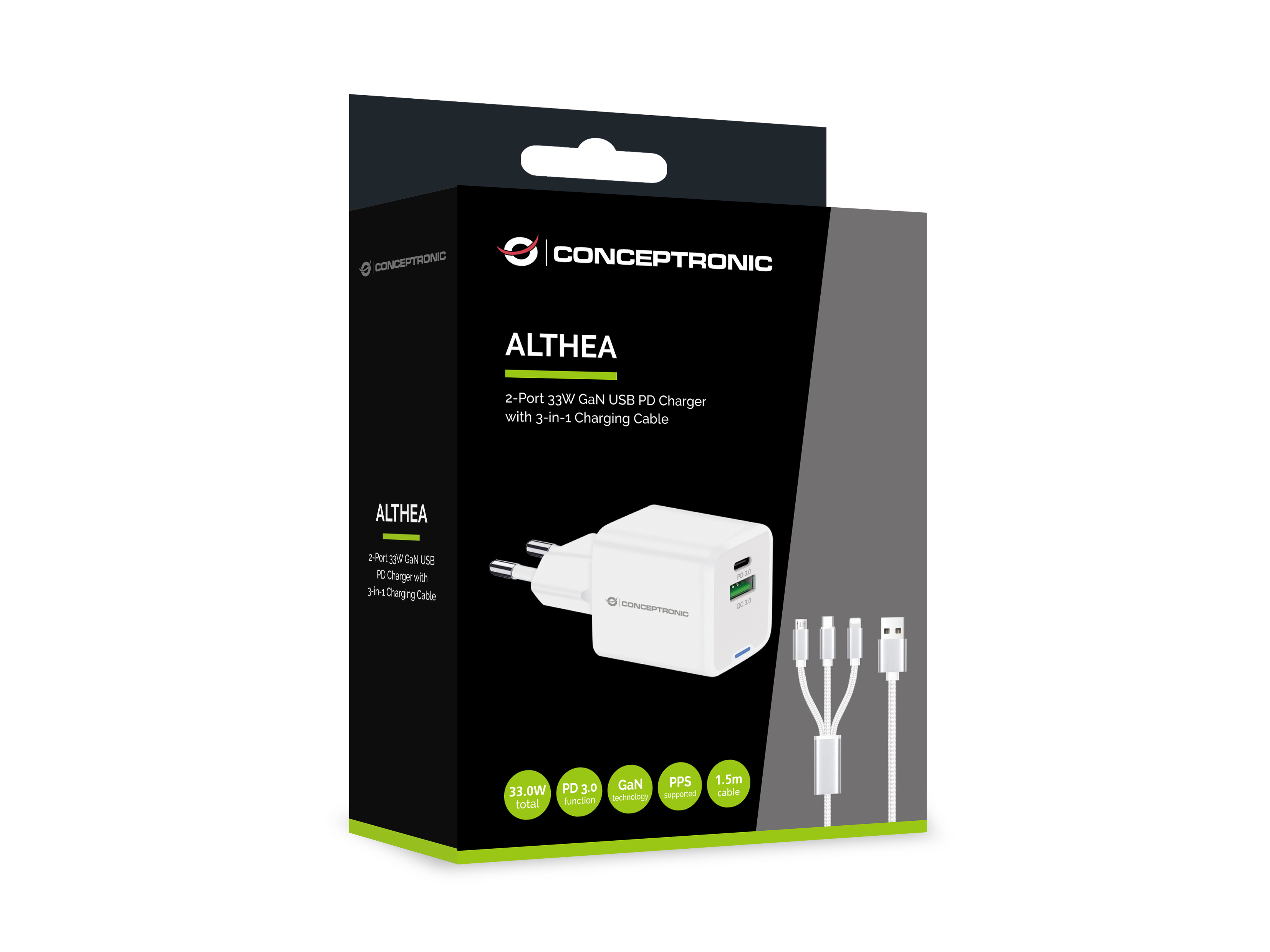 Conceptronic Ladegerät 2Port 33W 1xUSB-C 1xUSB-a+3-in-1 - weiß, Ansicht 4