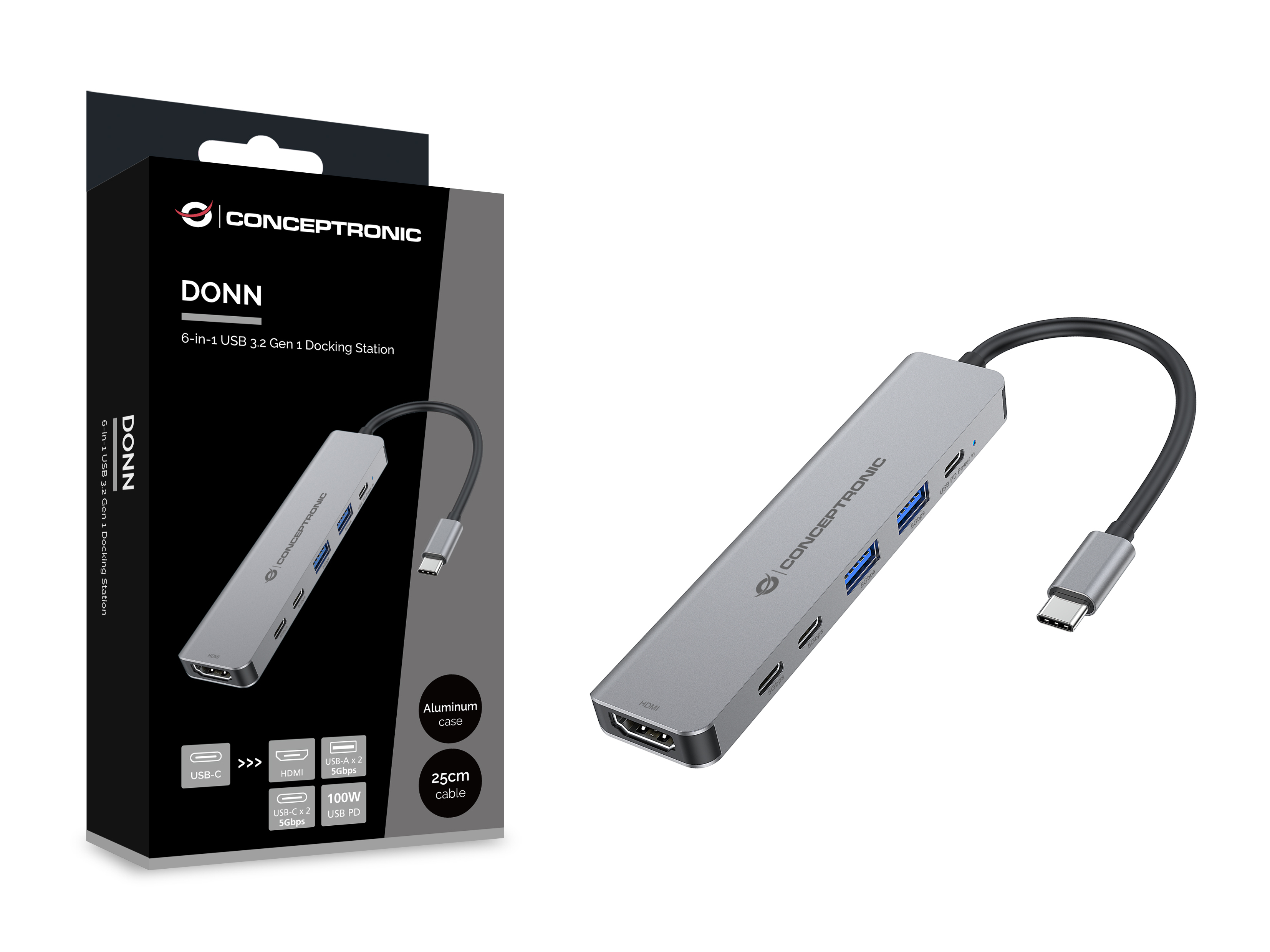 Conceptronic 6-in-1 Docking Station USB 3.2 Gen 1 - HDMI - USB-A 5Gbps x 2 - USB-C 2, Ansicht 2