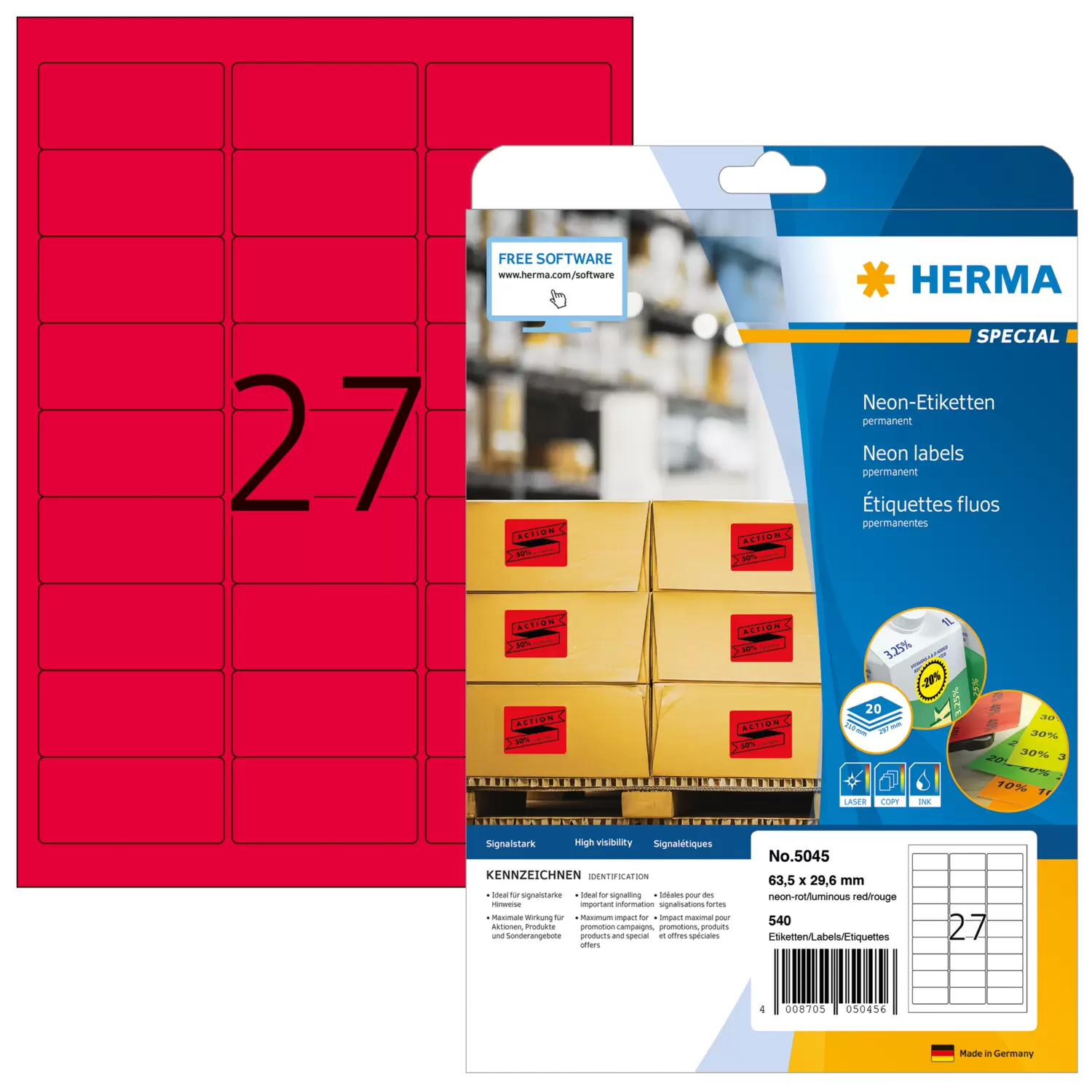 HERMA Special - Papier - matt - permanent selbstklebend - Luminous Red - 63.5 x 29.6 mm 540 Etikett(en) (20 Bogen x 27), Ansicht 4