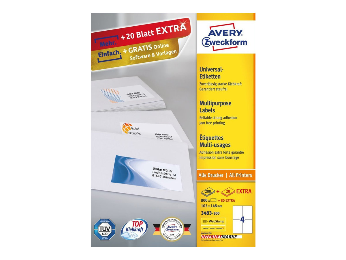 Avery Zweckform Avery - Weiß - A6 - 105 x 148 mm 400 Etikett(en) (100 Bogen x 4), Ansicht 2