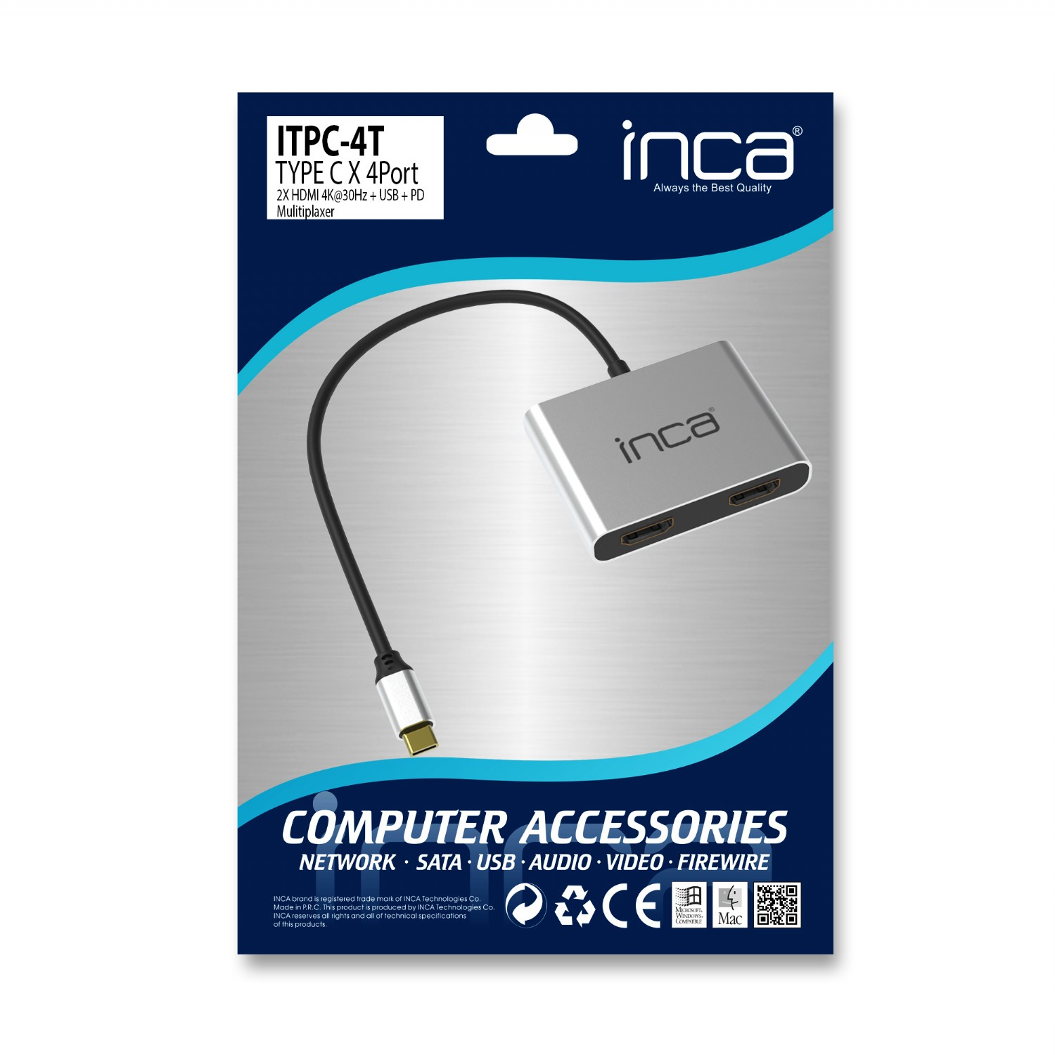 INCA Adapter ITPC-4 Typ C> 2xHDMI 4K30Hz 1xUSB-A 1xUSB-C - Adapter, Ansicht 3