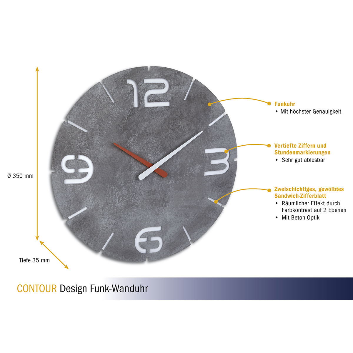 TFA Design Funk-Wanduhr CONTOUR - Wand - Rund - Grau - Weiß - Kunststoff - AA - 1,5 V, Ansicht 2