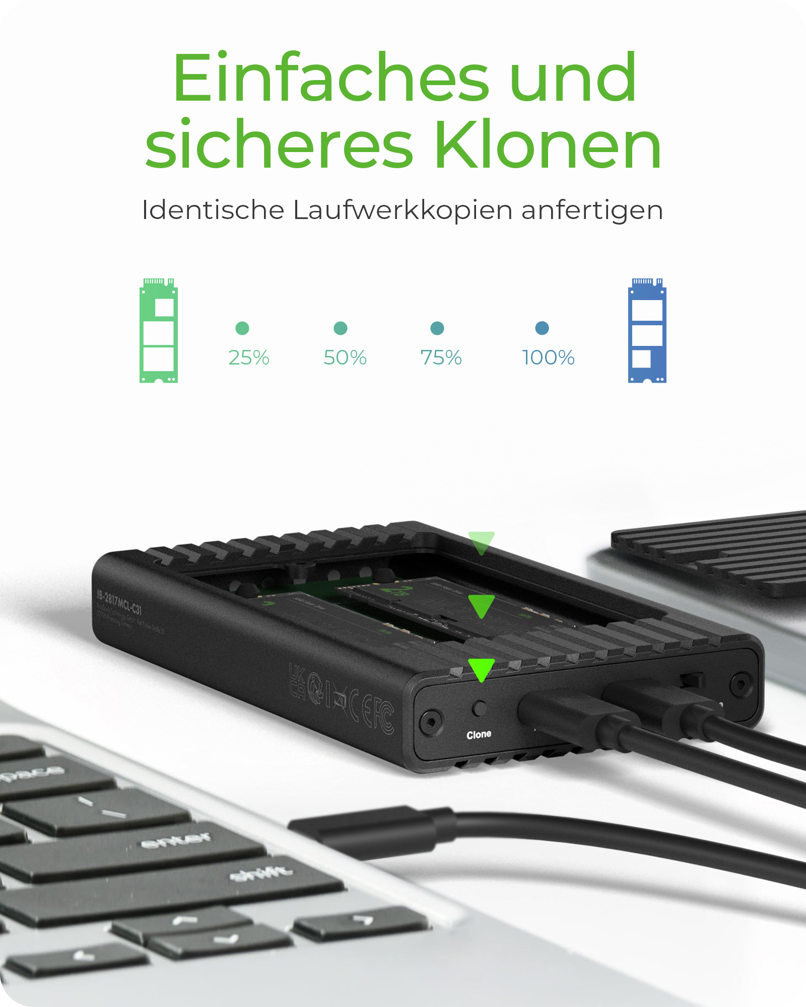 ICY BOX M.2 NVMe CloneStation & DockingStation USB 3.2 Gen 2 Type-C/A Aluminium schwarz, Ansicht 3