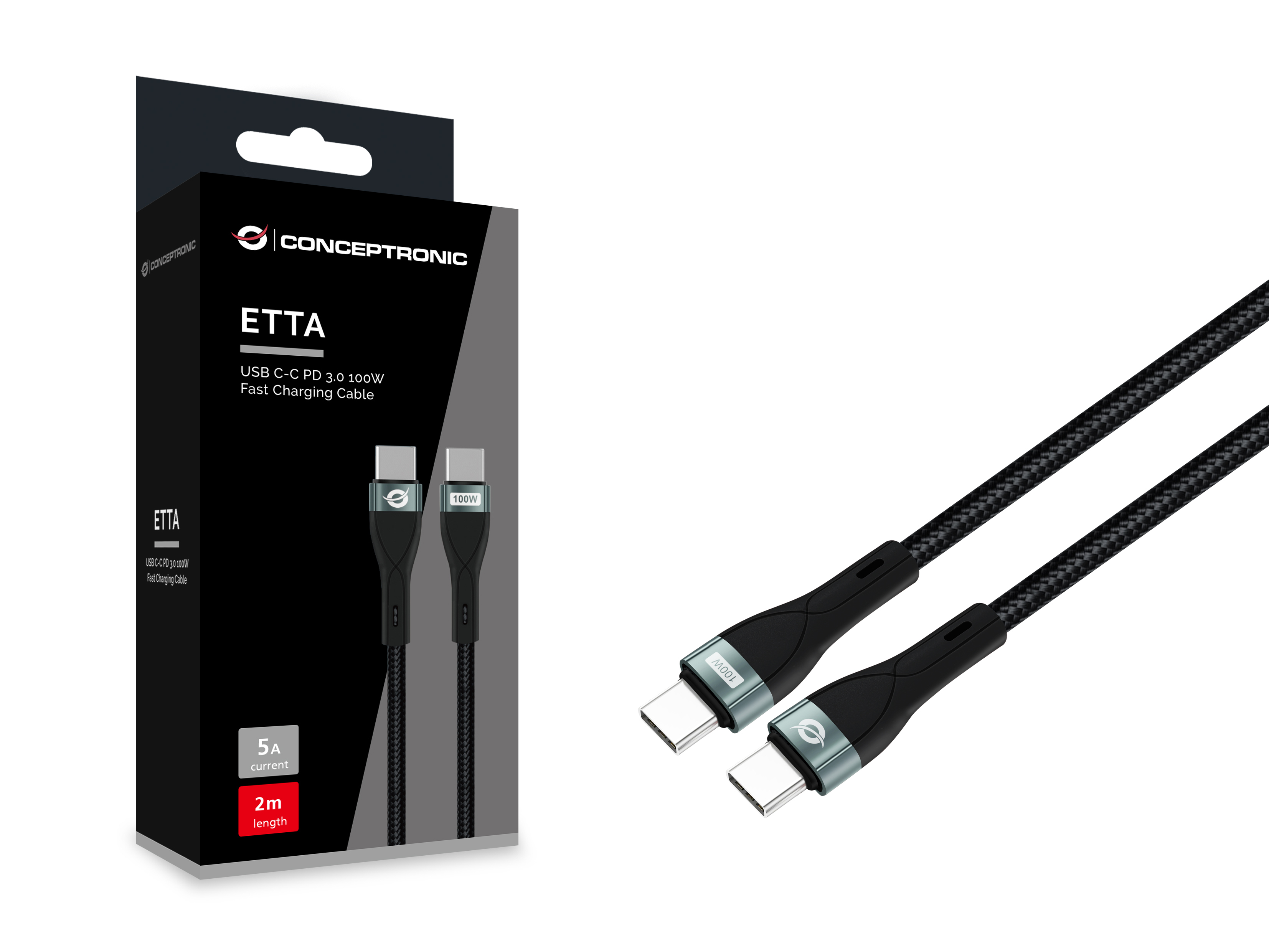 Conceptronic ETTA01B20 USB C-C PD 3.0 100W Schnellladekabel, 2m, 20V 5A, 480Mbps, E-Mark, 2 m, USB C, USB C, USB 2.0, Ansicht 2
