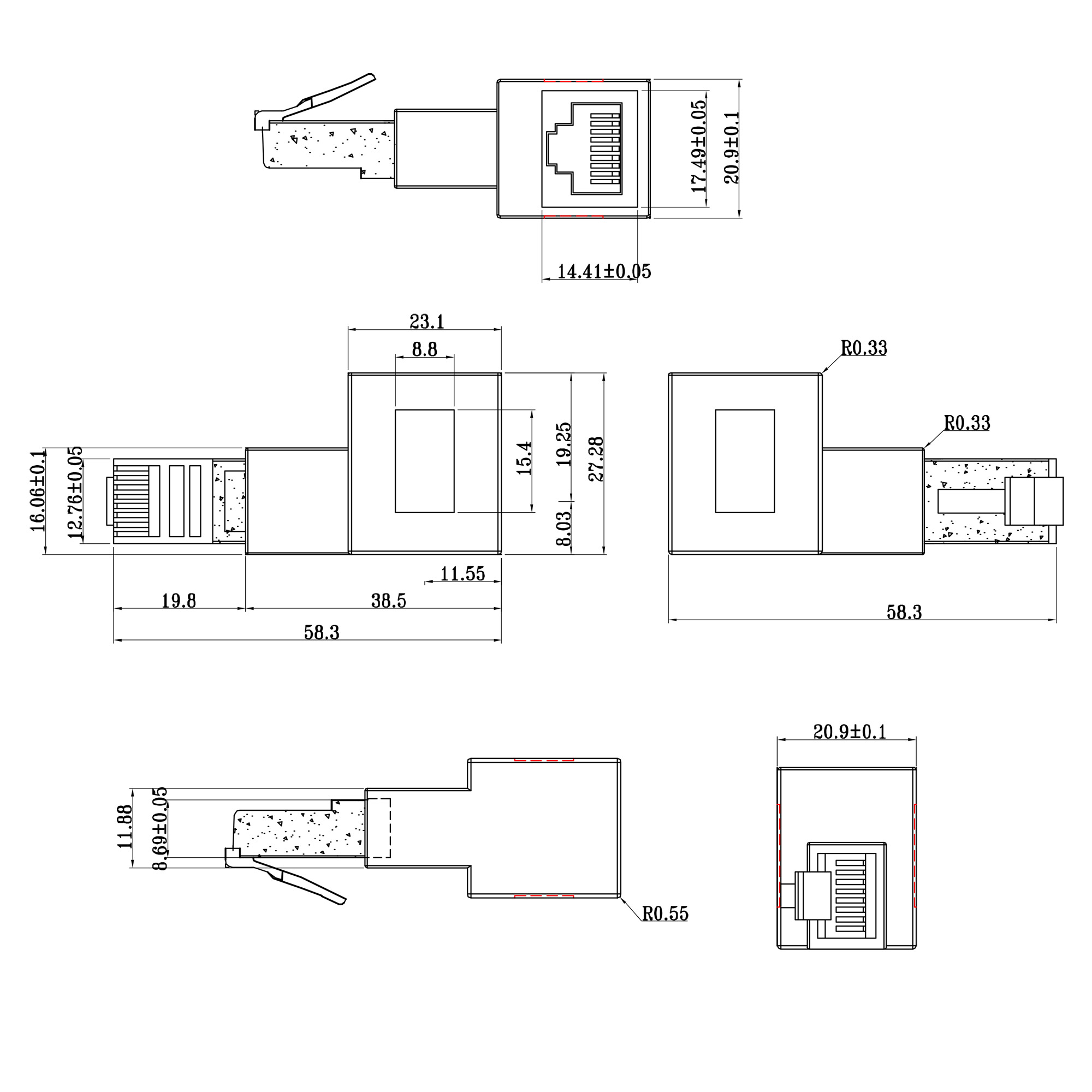 InLine Patchkabel-Adapter Cat.6A - RJ45 SteckerBuchse - 90° rechts gewinkelt