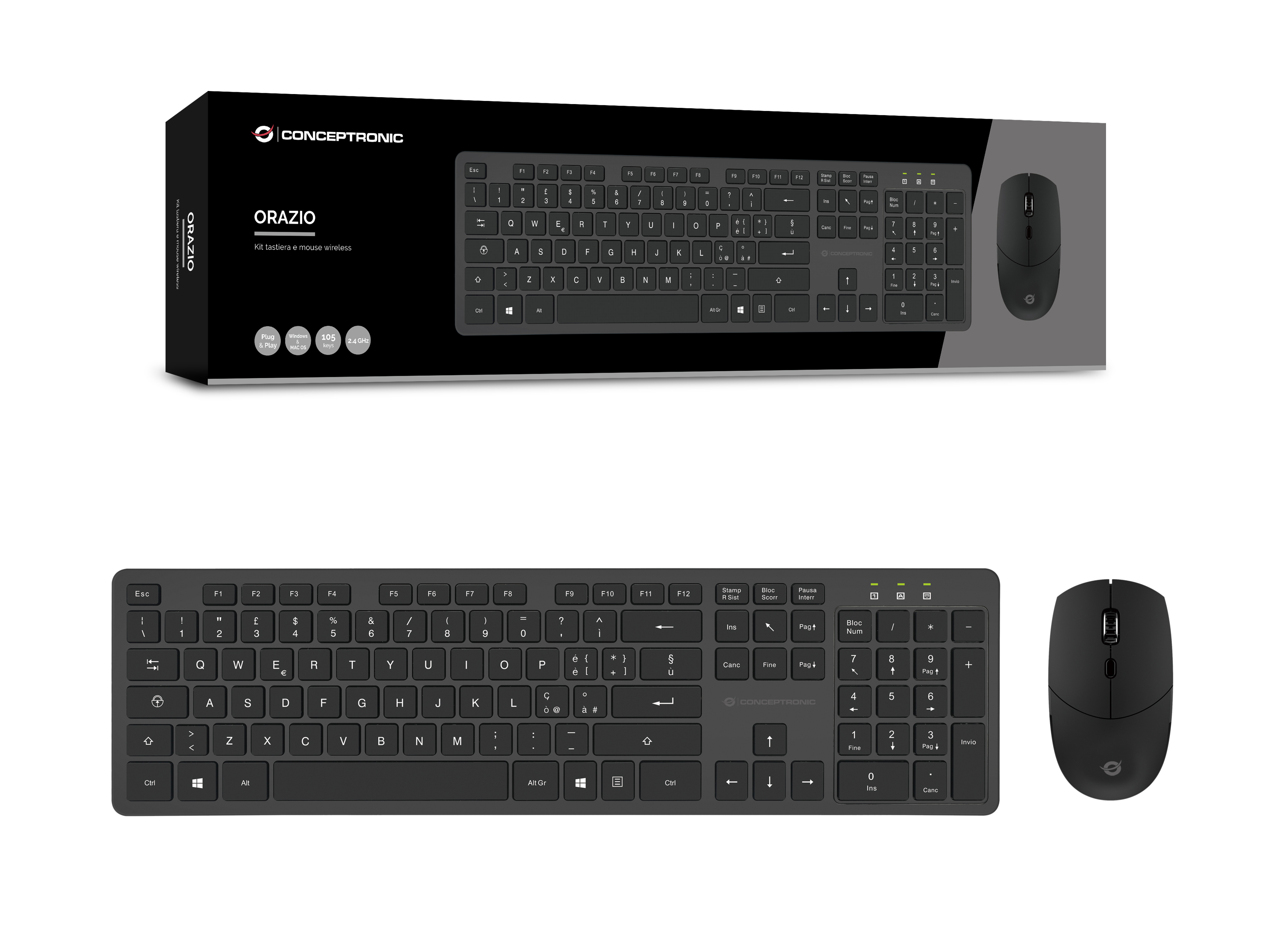 Conceptronic ORAZIO - Tastatur-und-Maus-Set - kabellos - 2.4 GHz - Schwarz - TL: Italienisch, QWERTY, Ansicht 3
