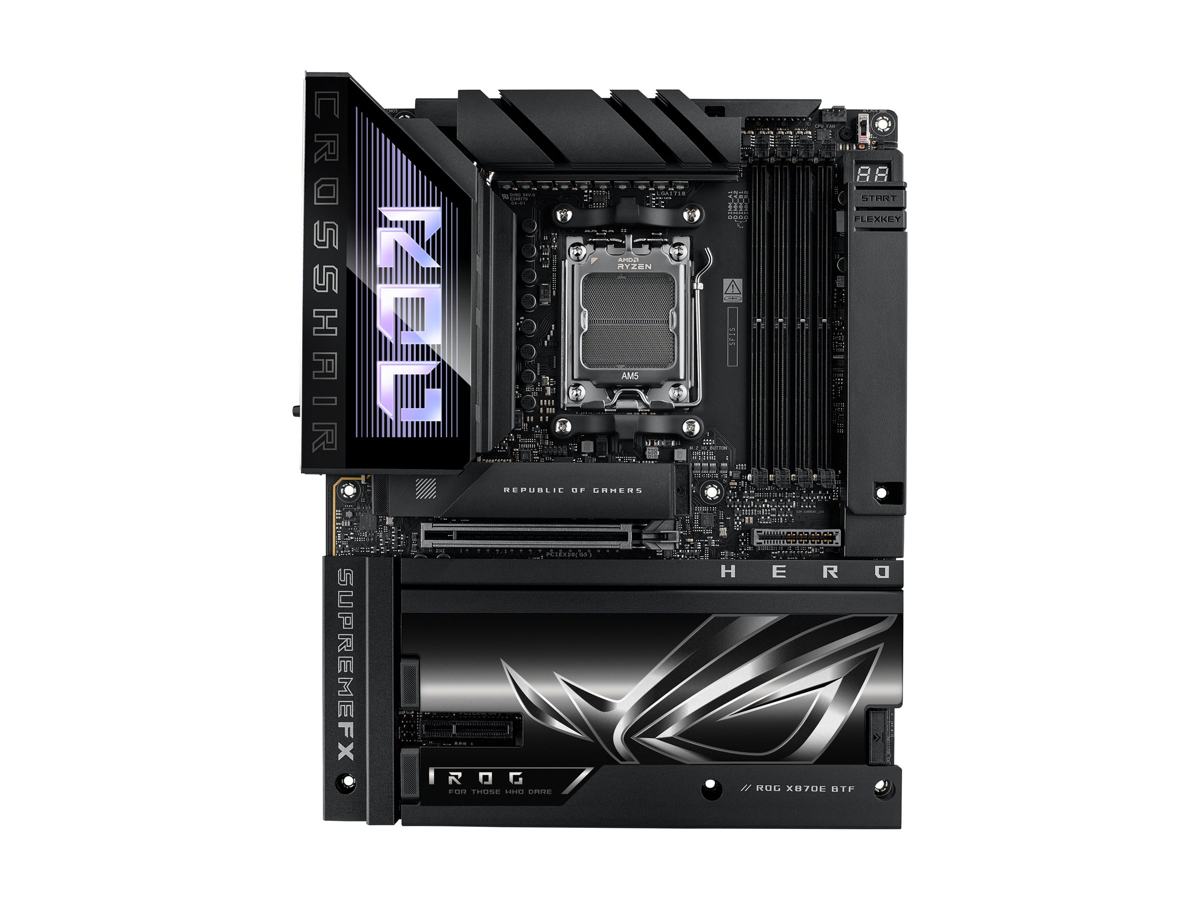 ASUS ROG CROSSHAIR X870E HERO BTF - Motherboard - ATX - Socket AM5 - AMD X870E Chipsatz - USB4, USB 3.2 Gen 2, USB-C 3.2 Gen2, USB 3.2 Gen 1, USB-C 3.2 Gen 2x2 - Wi-Fi 7, 2.5 Gigabit LAN, 5 Gigabit Ethernet, Bluetooth - Onboard-Grafik (CPU erforderlich)