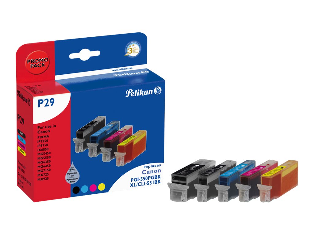 Pelikan P29 Promo pack - 5er-Pack - Schwarz Gelb Cyan Magenta - kompatibel - Tintenpatrone (Alternative zu: Canon CLI-551BK Canon CLI-551C Canon CLI-551M Canon CLI-551Y Canon PGI-550PGBK XL)