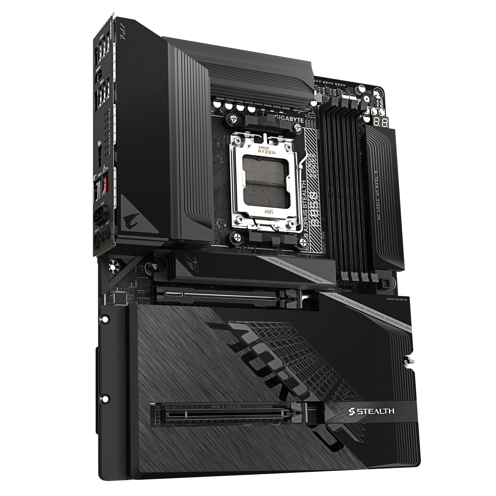 Gigabyte AORUS B850 STEALTH ICE - Motherboard - ATX - LGA1851 Sockel - AMD B850 Chipsatz - BT, WiFi 7, 5 GB Ethernet, Ansicht 4
