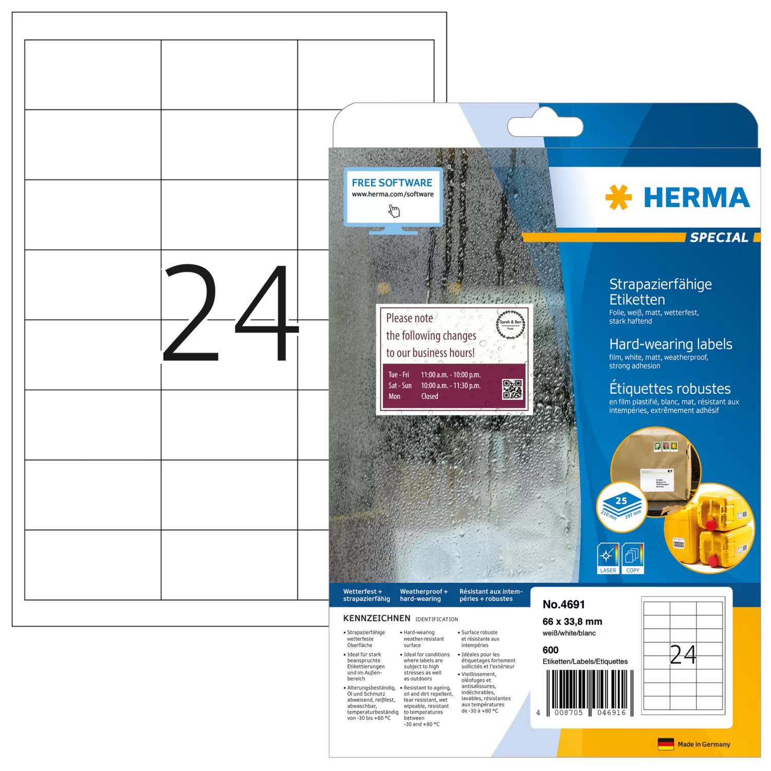 HERMA Special - Matt - permanent selbstklebend - weiß - 66 x 33.8 mm 600 Etikett(en) (25 Bogen x 24), Ansicht 4