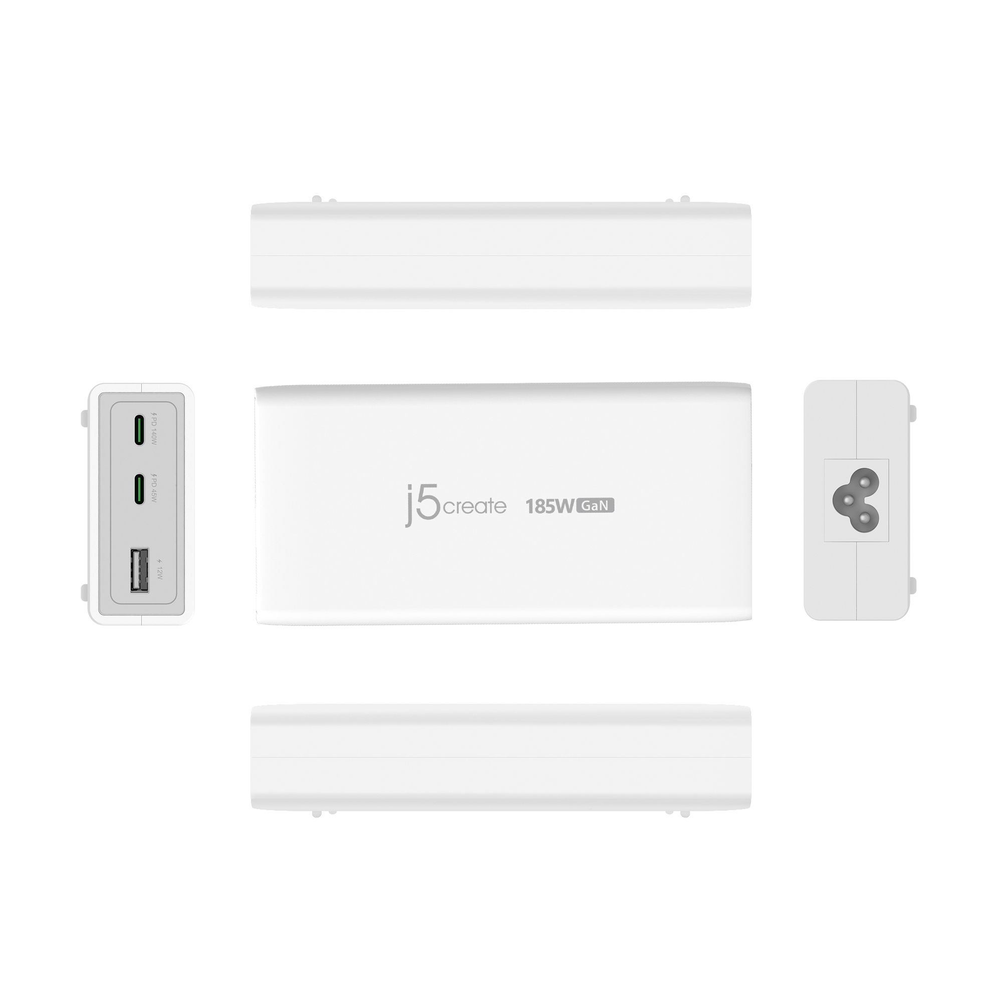 j5create JUP37185W-EN - Netzteil - GaN - 185 Watt - 5 A - Power Delivery 3.1 - USB Typ A, 2 x USB-C), Ansicht 4