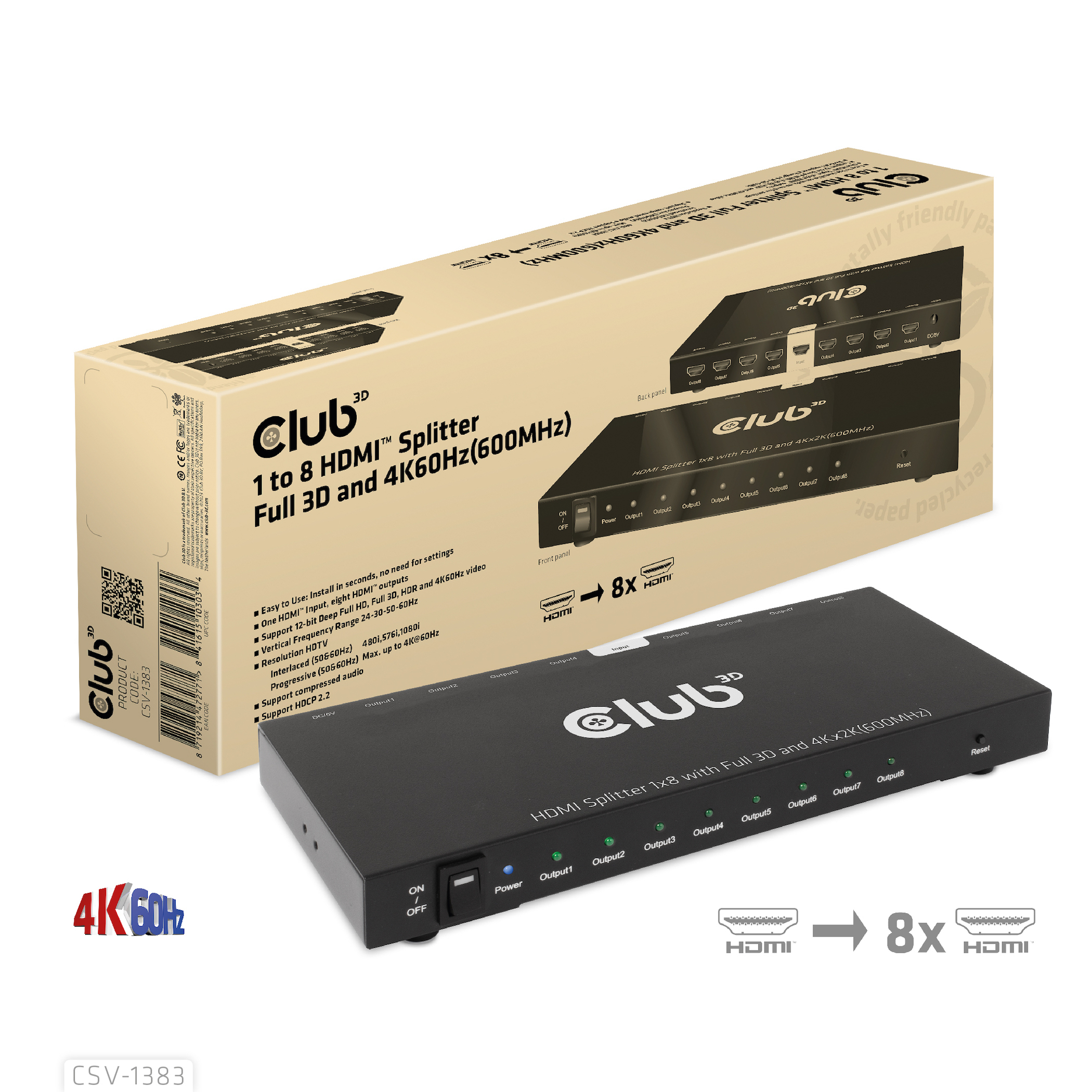 Club 3D CSV-1383 - Video-/Audio-Splitter - 8 x HDMI, Ansicht 3